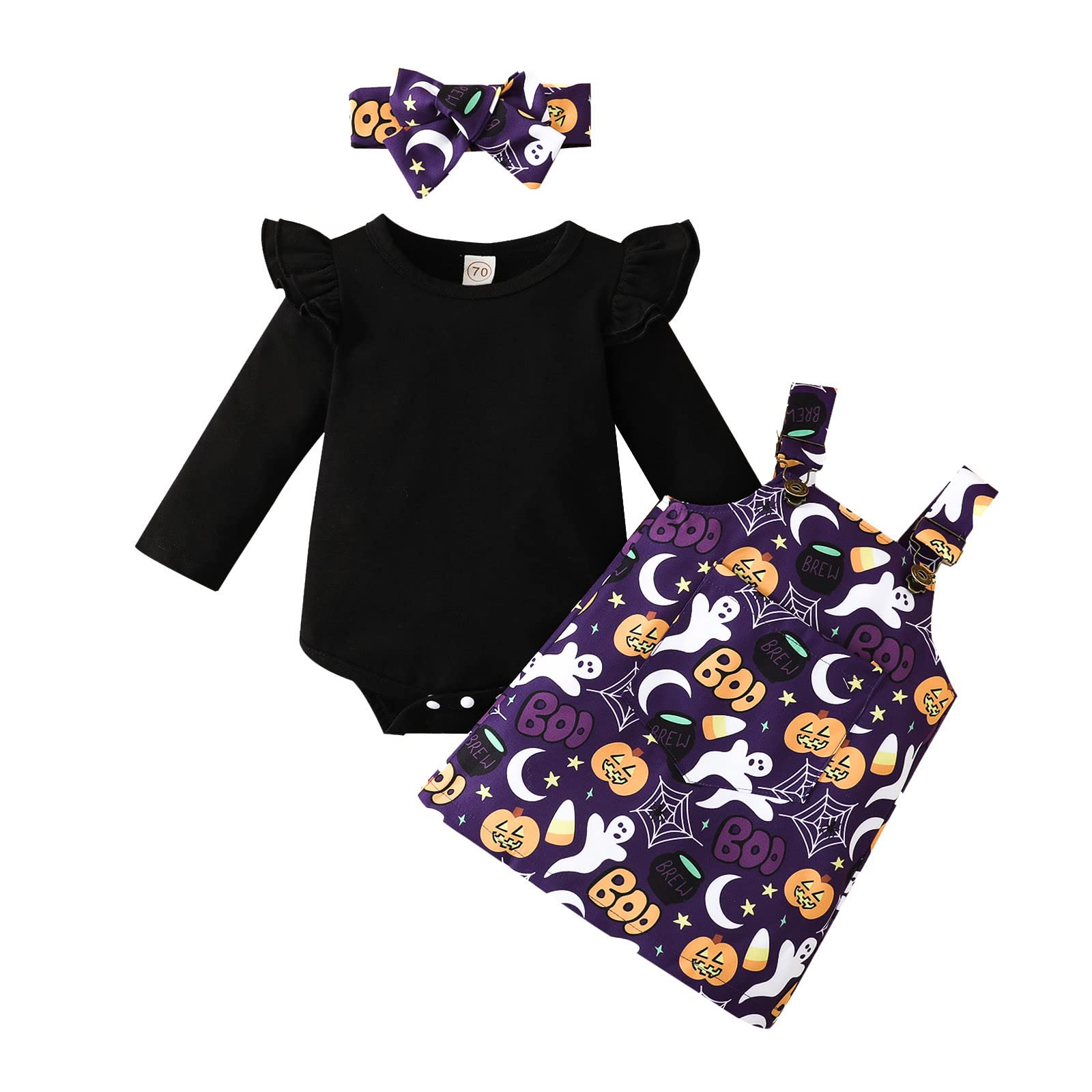 Adorable Infant Baby Girl Halloween Costume Set - Long Sleeve Romper Bodysuit with Cartoon Suspenders, Skirt & Headband | Cute Newborn Outfits for Halloween Parties, Photo Shoots & Trick-or-Treating