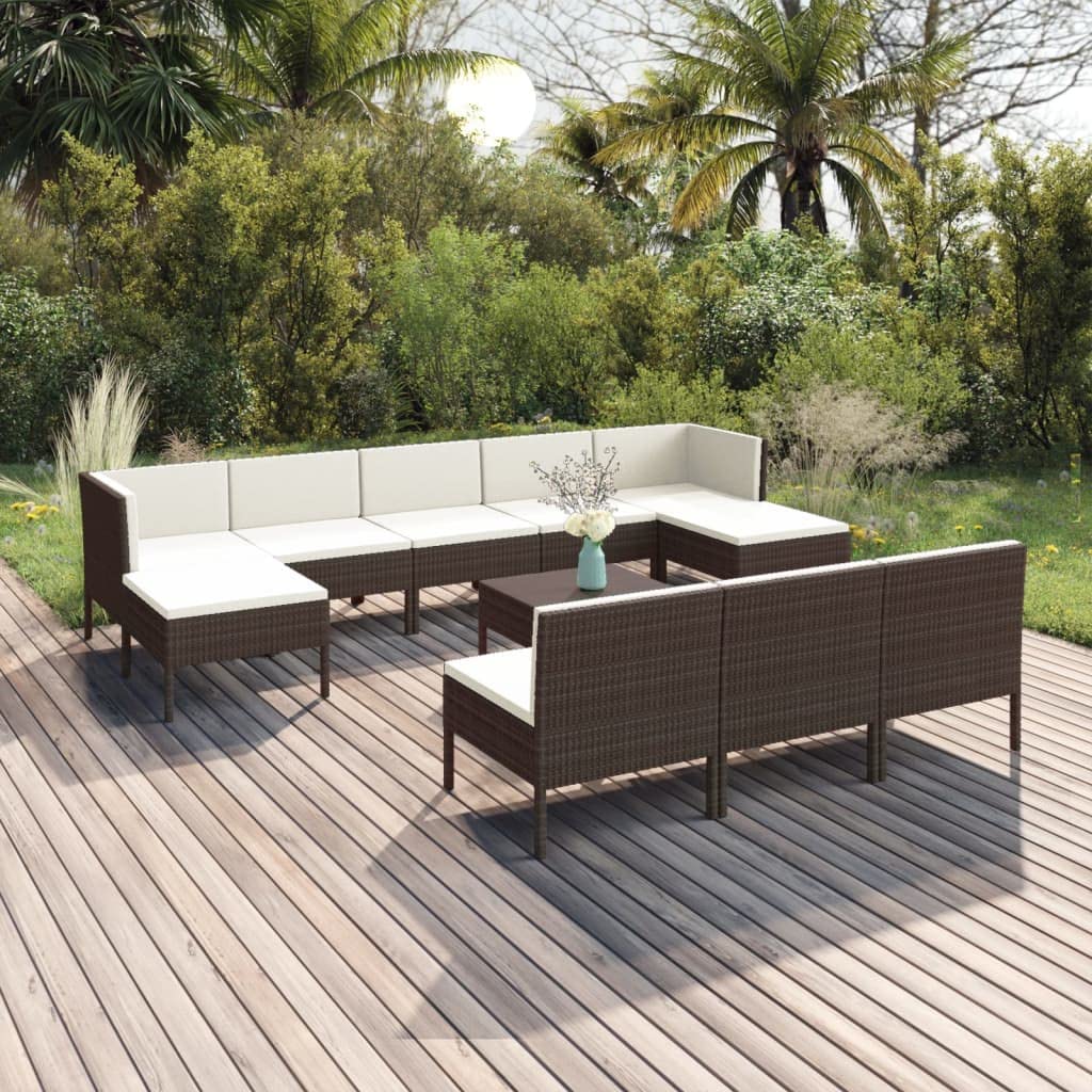 11-Piece Patio Lounge Set with Weather-Resistant PE Rattan & Steel Frame - Brown Outdoor Furniture with Cream Cushions - Perfect for Garden, Poolside & Backyard Relaxation