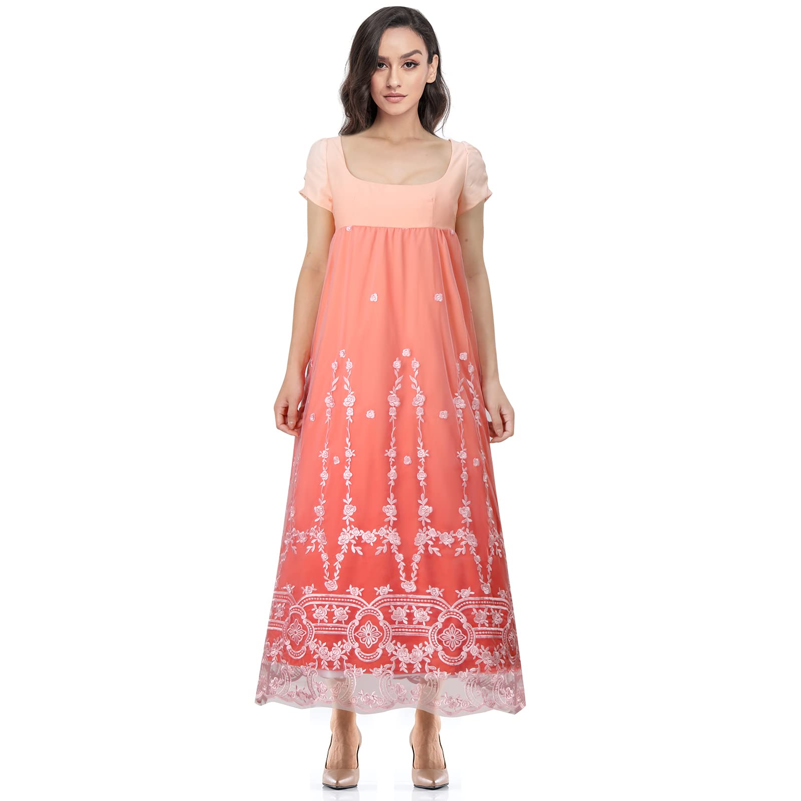 Edwina Sharma Cosplay Costume | Regency Era Pink Floral Chiffon Gown | Elegant High-Waist Gauze Dress for Women | Perfect for Bridgerton-Themed Parties, Historical Reenactments & Costume Balls