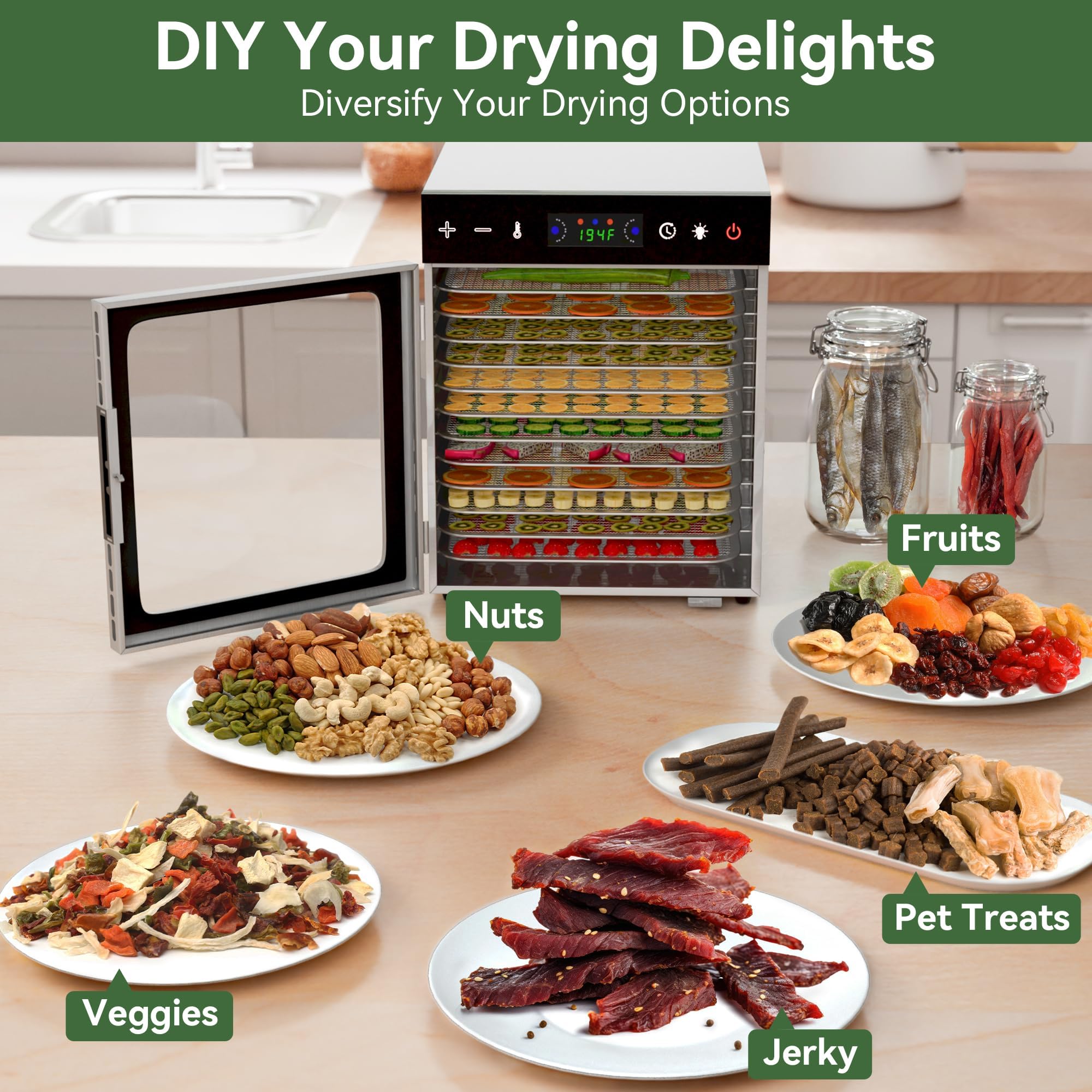 12-Tray Food Dehydrator 600W with Adjustable Temperature (86°F-194°F) & Digital Timer - Quiet Electric Dehydrator for Jerky, Fruits, Vegetables, Herbs, Dog Treats - Perfect for Home Kitchen, Camping, Prepping & Healthy Snacks - Includes Recipe Guide