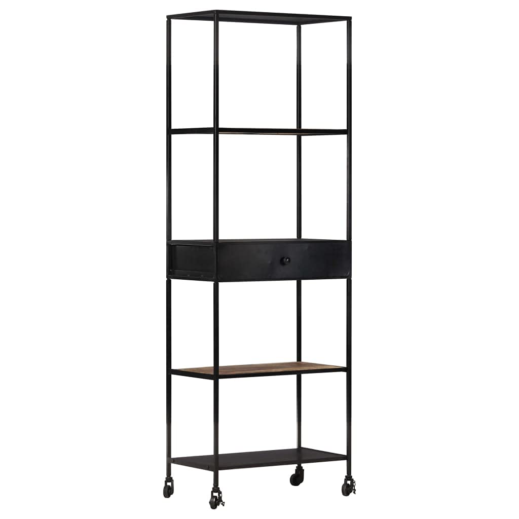Industrial Rolling Bookshelf with 4 Shelves & Drawer - Mid-Century Style Storage Bookcase for Bedroom, Living Room, Office, Library - Perfect for Organizing Books, Plants & Home Decor (Black)