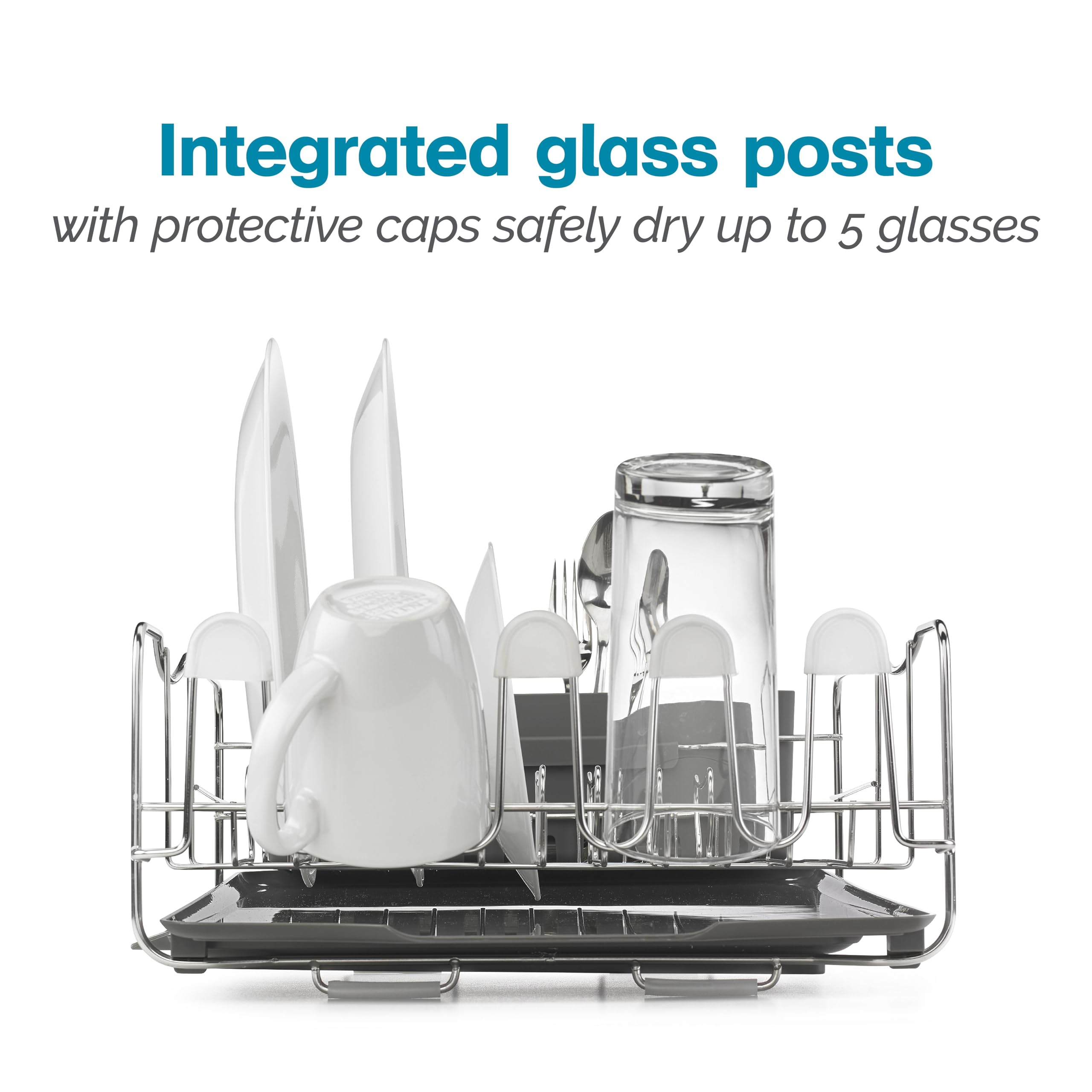 Polder KTH-615 4-Piece Dish Drying Rack Set with Drain Tray, Removable Drying Tray & Cutlery Holder - Stainless Steel & Plastic Dish Organizer for Kitchen Countertop - Perfect for Small Spaces, Apartments & RV Kitchens