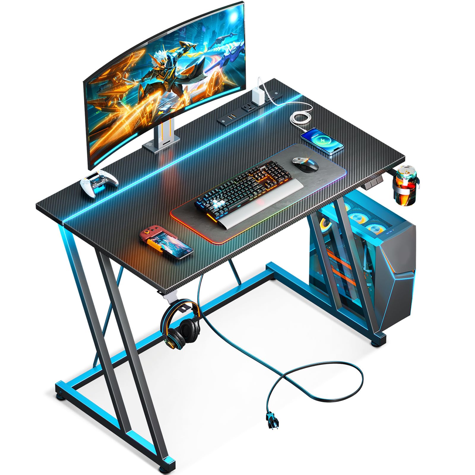 32 Inch Small Gaming Desk with LED Lights & Power Outlet - Compact Computer Desk for Small Spaces, Carbon Fiber Texture Gaming Table - Perfect Gift for Boys & Men (Black) - Ideal for Bedroom, Dorm Room or Home Office Setup