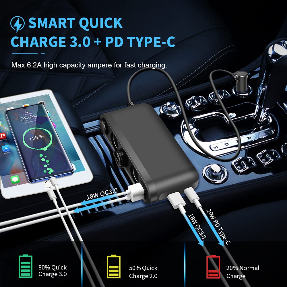 Upgraded ELECTOP Quick Charge 3.0 Car Charger Splitter - 3 USB Ports & 12V/24V 120W/240W DC Outlets with LED Voltmeter & Switch | Fast Charging for Phones, Tablets, GPS & More | Perfect for Road Trips, Camping & Fleet Vehicles