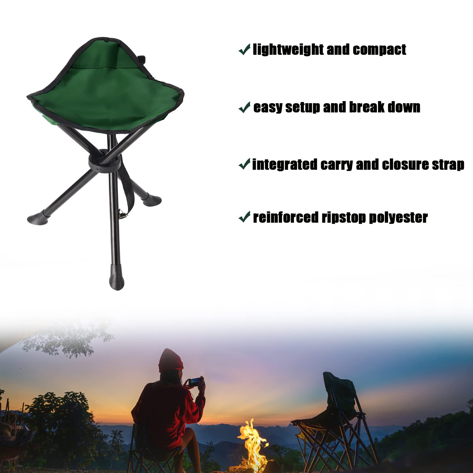 Portable Folding Camping Stool - 15.75 Inch Lightweight Tripod Seat for Outdoor Adventures | Perfect for Camping, Hiking, Fishing, Hunting, Beach, Picnic & Garden Use
