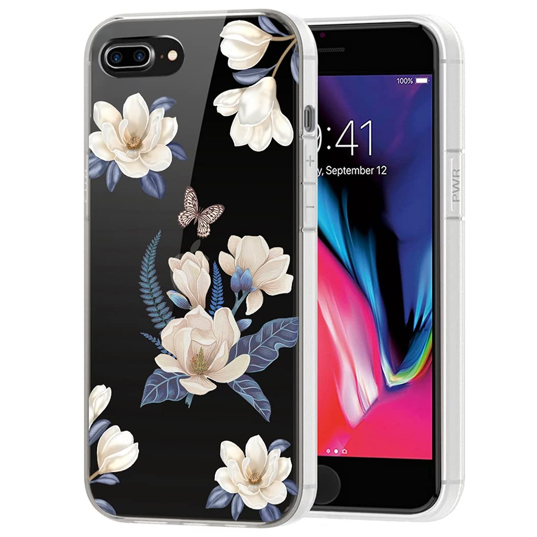 Premium Cute Clear Slim Shockproof TPU Rubber Phone Case for iPhone 7 Plus/8 Plus - Floral Design Protective Cover for Women & Girls - Perfect for Everyday Use, Work & Travel (White Flower Pattern)
