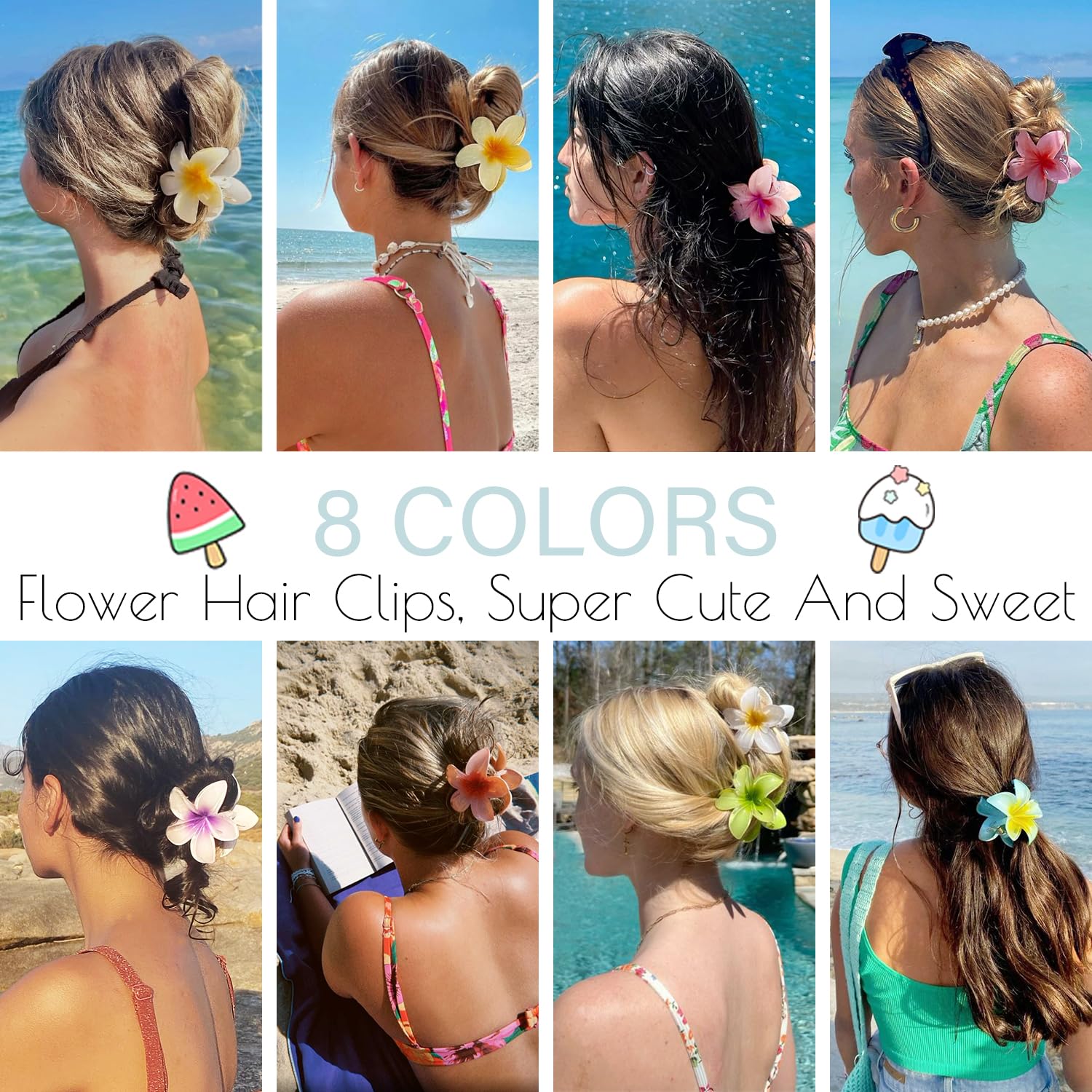 8 Pack Hawaiian Flower Hair Clips for Women - Plumeria Claw Clips for Beach & Party