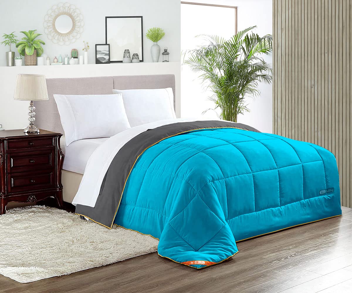 Premium Oversized Queen Down Alternative Comforter - 300 GSM Plush Siliconized Fiberfill, 1000 TC Egyptian Cotton, Dark Gray/Turquoise Blue with Golden Piping - Ultra Soft & Fluffy Duvet Insert for All-Season Comfort - Perfect for Master Bedroom, Guest Room, or Cozy Home Decor