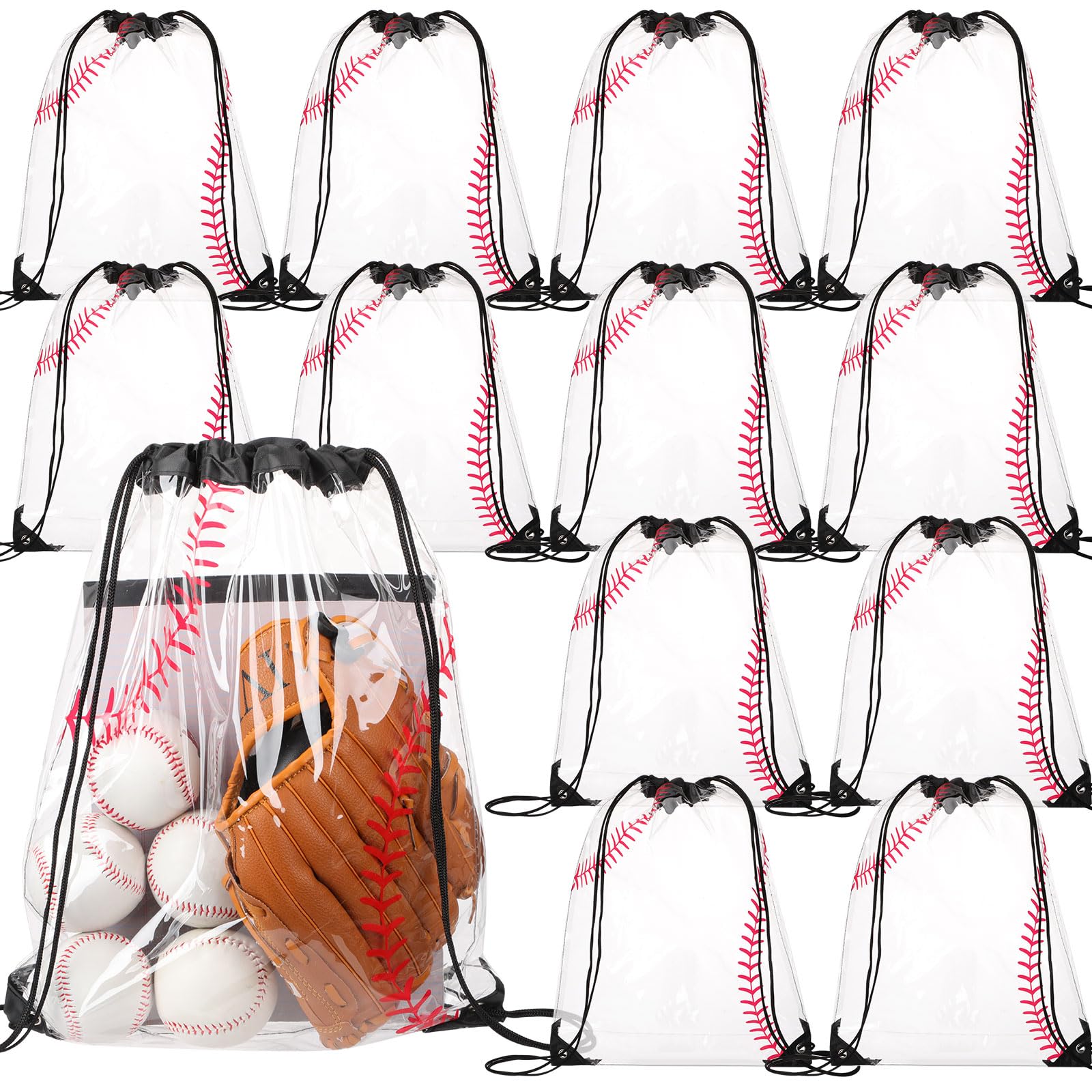 Cholemy 12 Pack Clear Plastic Drawstring Backpacks 17x13 Inch - Waterproof Baseball Gift Bags, Party Favors & Goodie Bags for Sports Events, Gym, Stadium Games & Team Celebrations - Perfect for Baseball Gifts, Team Snacks & Event Giveaways