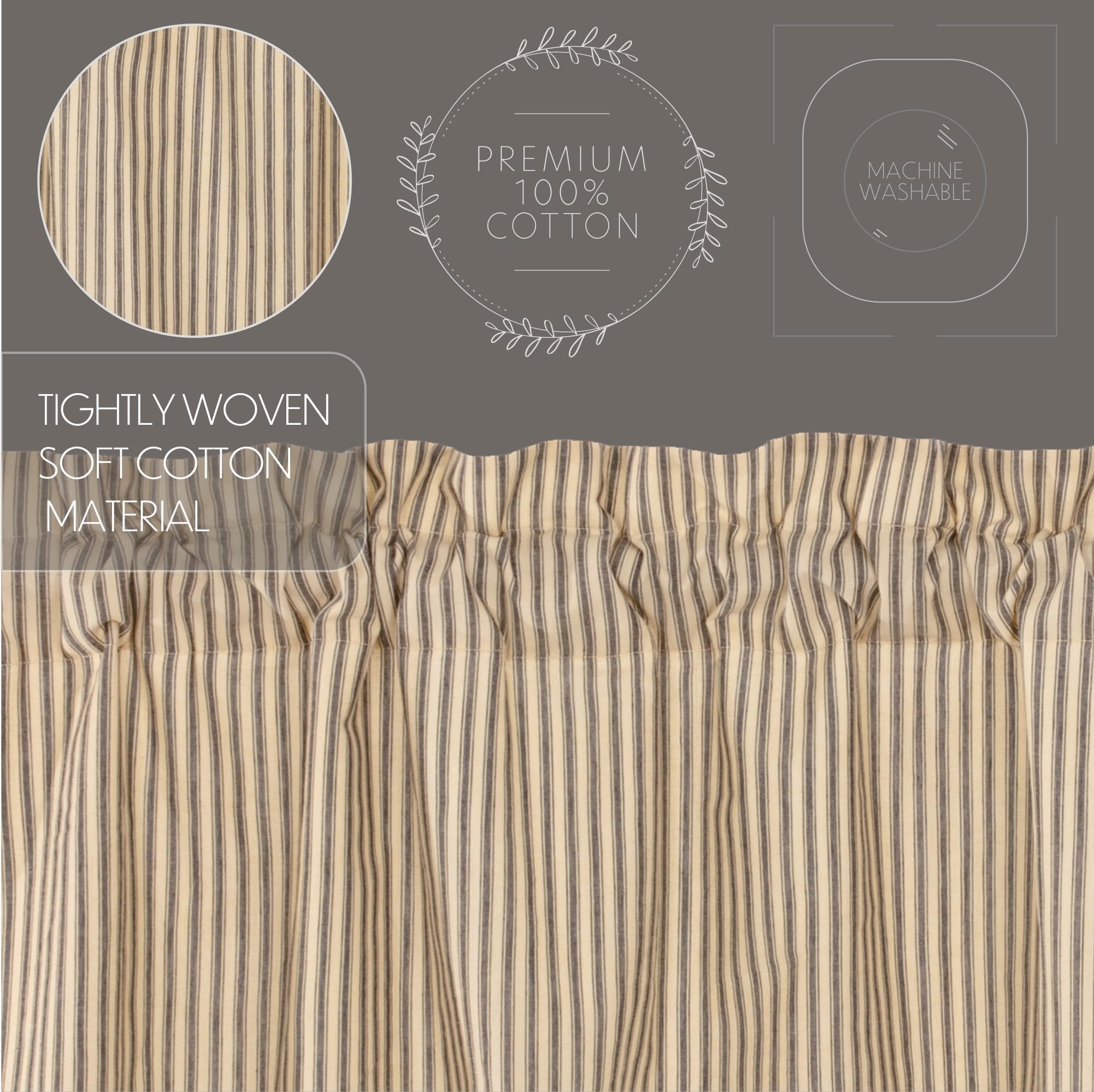 Sawyer Mill Charcoal Swag Set - Farmhouse Country Striped Cotton Lined Curtains - 36 Inch Long Kitchen Drapes for Rustic Home Decor & Cozy Countryside Living