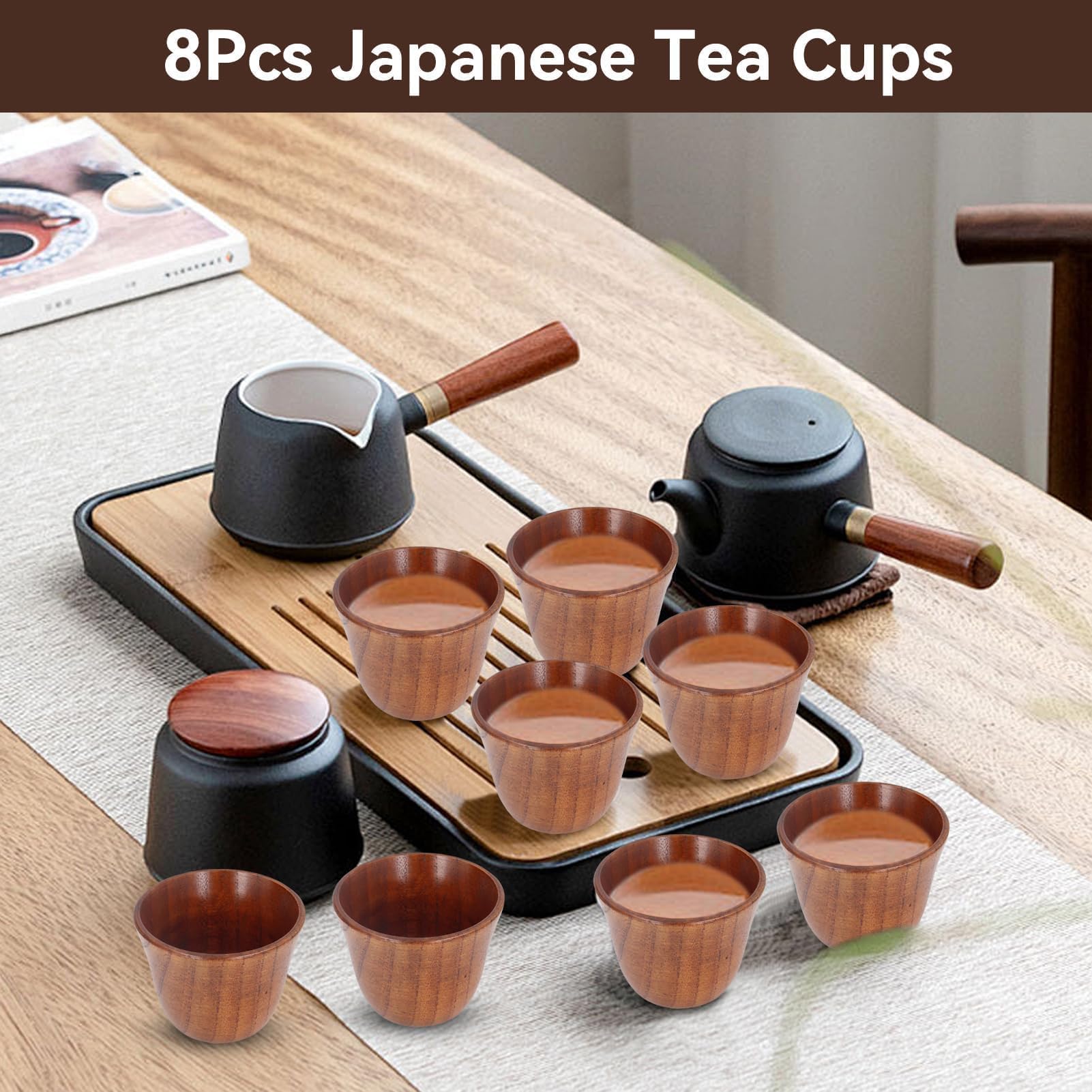 8pcs Japanese Tea Cups - Wooden Heat-Insulating 75ml Natural Wood Tea Set for Matcha, Sencha & Green Tea - Perfect for Home, Office & Tea Ceremonies