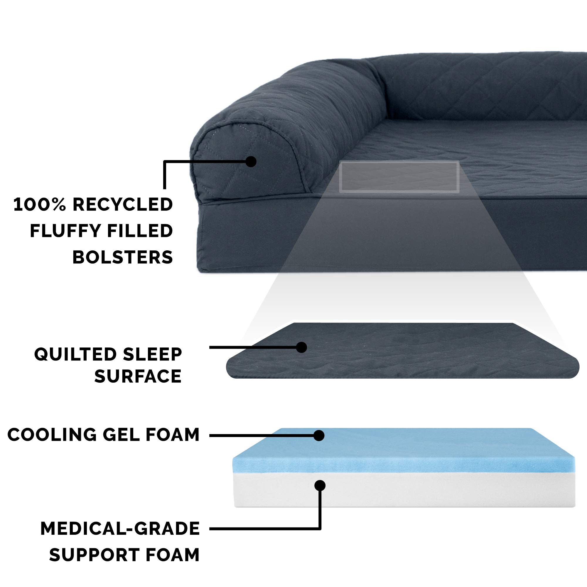 Furhaven Cooling Gel Dog Bed for Large Dogs - Removable Bolsters & Washable Cover - Quilted Sofa Style - Supports Up to 125 lbs - Iron Gray - Jumbo Plus/XXL - Perfect for Hot Weather & Joint Relief in Living Room, Bedroom or Kennel