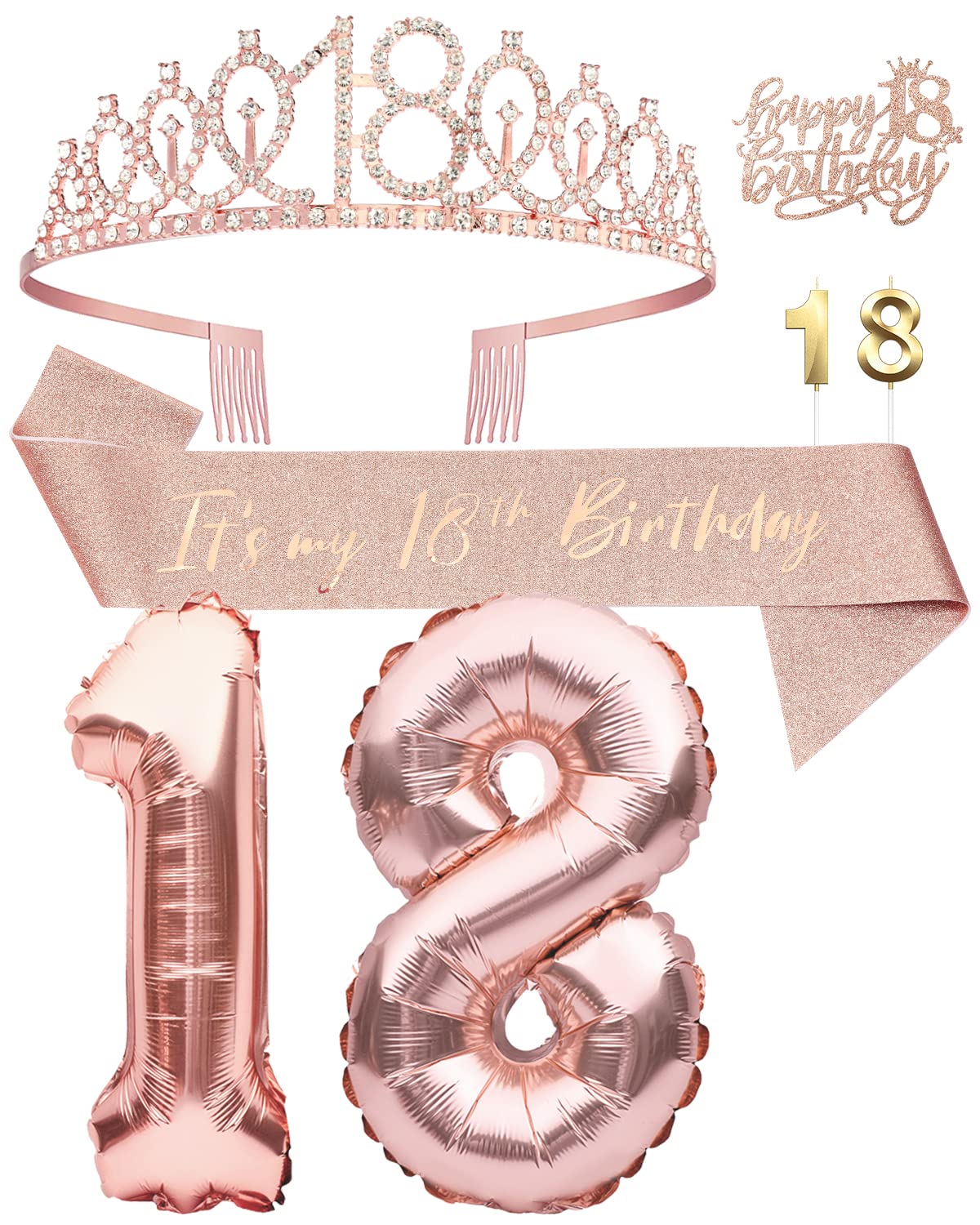 18th Birthday Party Decorations for Girls - Rose Gold Cake Topper, Balloons, Queen Sash, Crown & Candle Set | Perfect for Sweet 16, Quinceañera & Milestone Celebrations