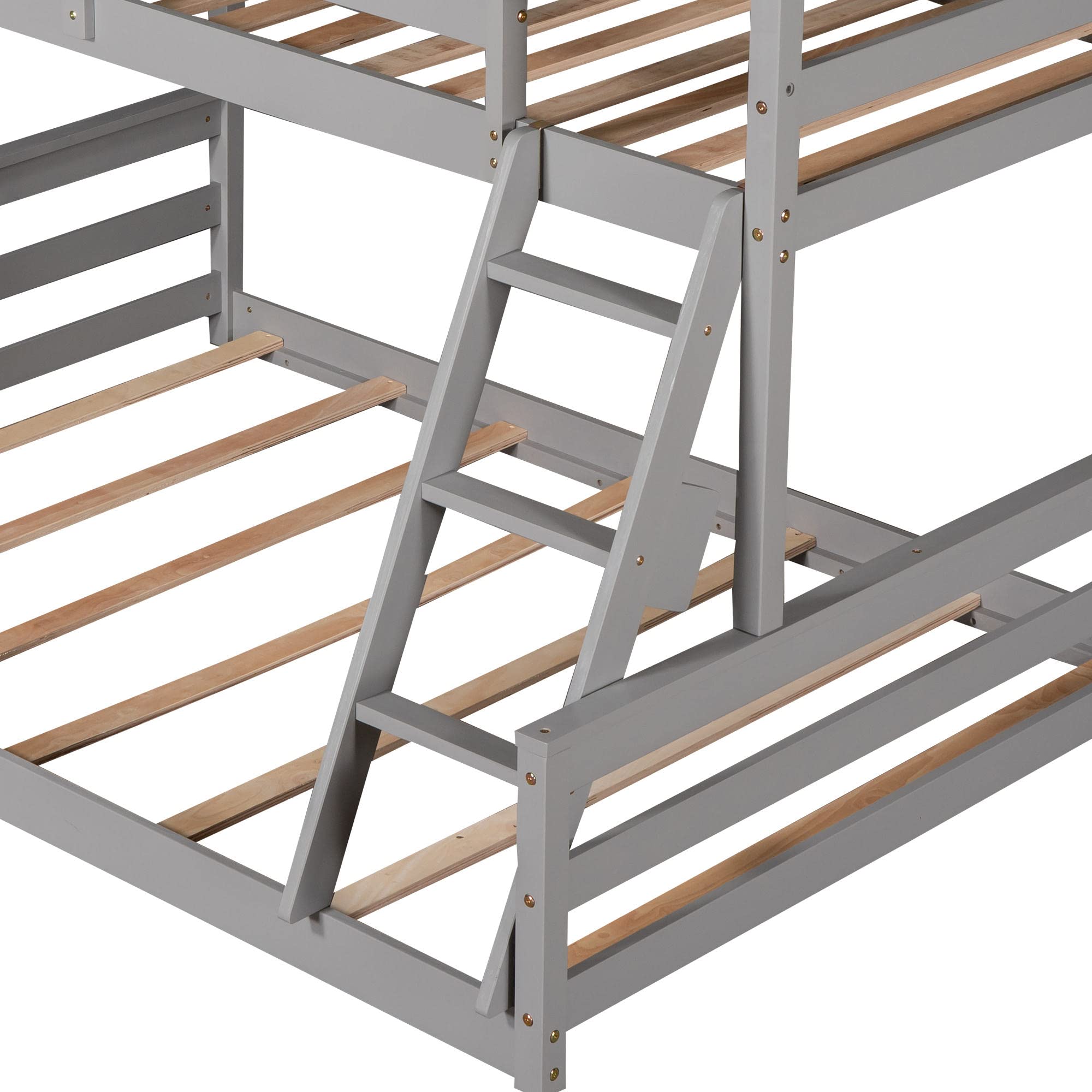 Low Bunk Bed Twin Over Full - Sturdy Wooden House Bunk Bed Frame with Ladder & Safety Guardrail - Space-Saving Loft Bed for Kids, Teens, Students & Guest Rooms - No Box Spring Needed - Gray - Perfect for Small Bedrooms, Dormitories & Vacation Homes
