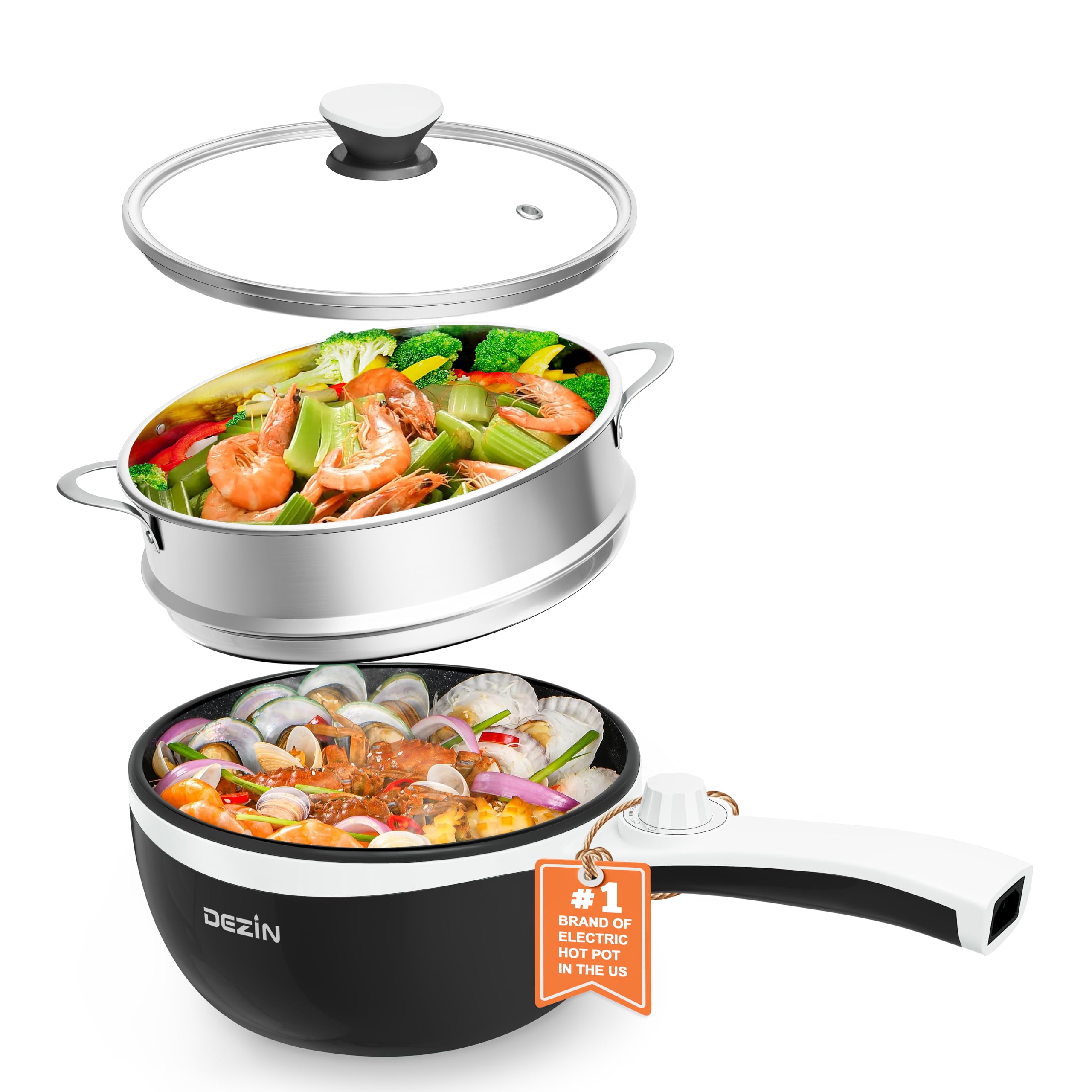 Upgraded Dezin Electric Hot Pot with Steamer - 1.5L Non-Stick Multi-Cooker for Noodles, Steak, Eggs, Fried Rice, Ramen, Oatmeal & Soup - Adjustable Temperature Control - Perfect for Dorm Rooms, Office Lunches & Small Kitchen Cooking