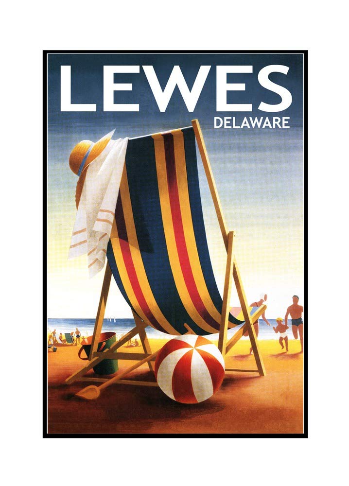 Lewes Delaware Beach Chair and Ball Framed Canvas Art Print (24x36 Inch) - Coastal Wall Decor for Living Room, Bedroom, or Office