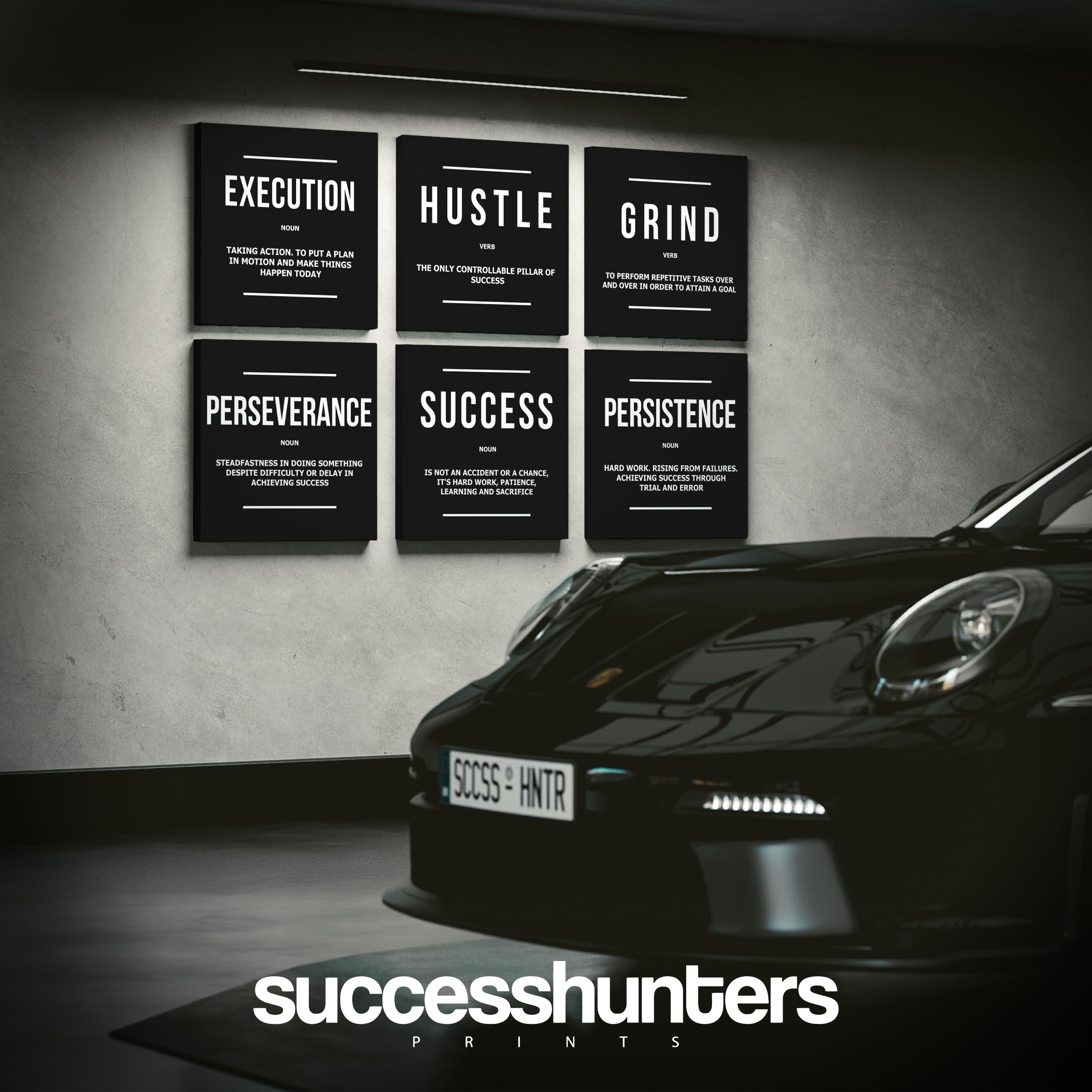 6-Piece Motivational Office Wall Art Set - 30x30 Inch Framed Canvas Prints with Inspirational Quotes (Grind, Hustle, Success, Persistence, Perseverance) - Perfect for Home Office, Study Room & Workplace Decor