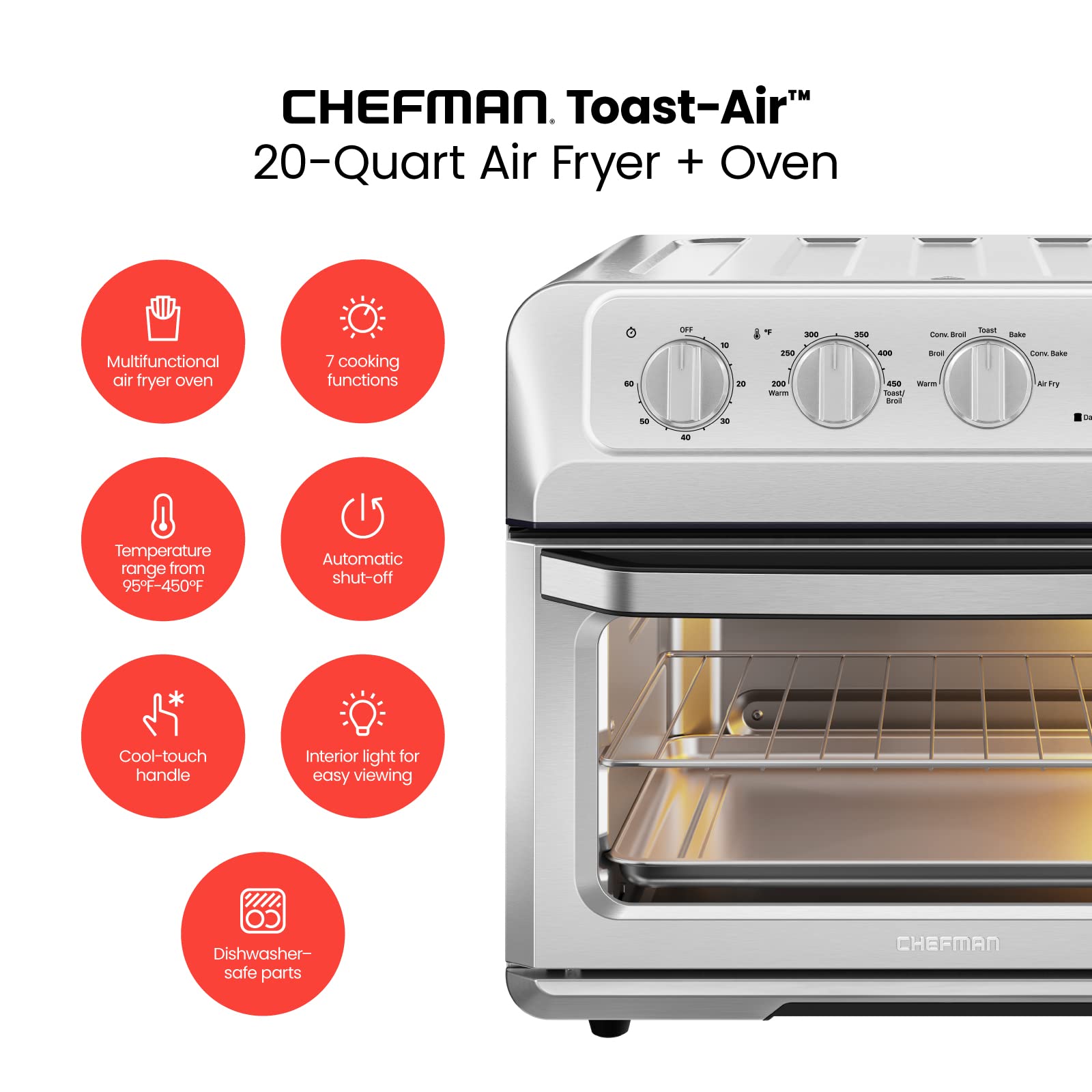 Chefman 7-in-1 Air Fryer Toaster Oven Combo | 20QT Countertop Convection Oven | Cook Pizza, Air Fry Chicken Wings, Toast, Broil | Auto Shutoff & Stainless Steel Design | Perfect for Small Kitchens, Dorms & Quick Meals