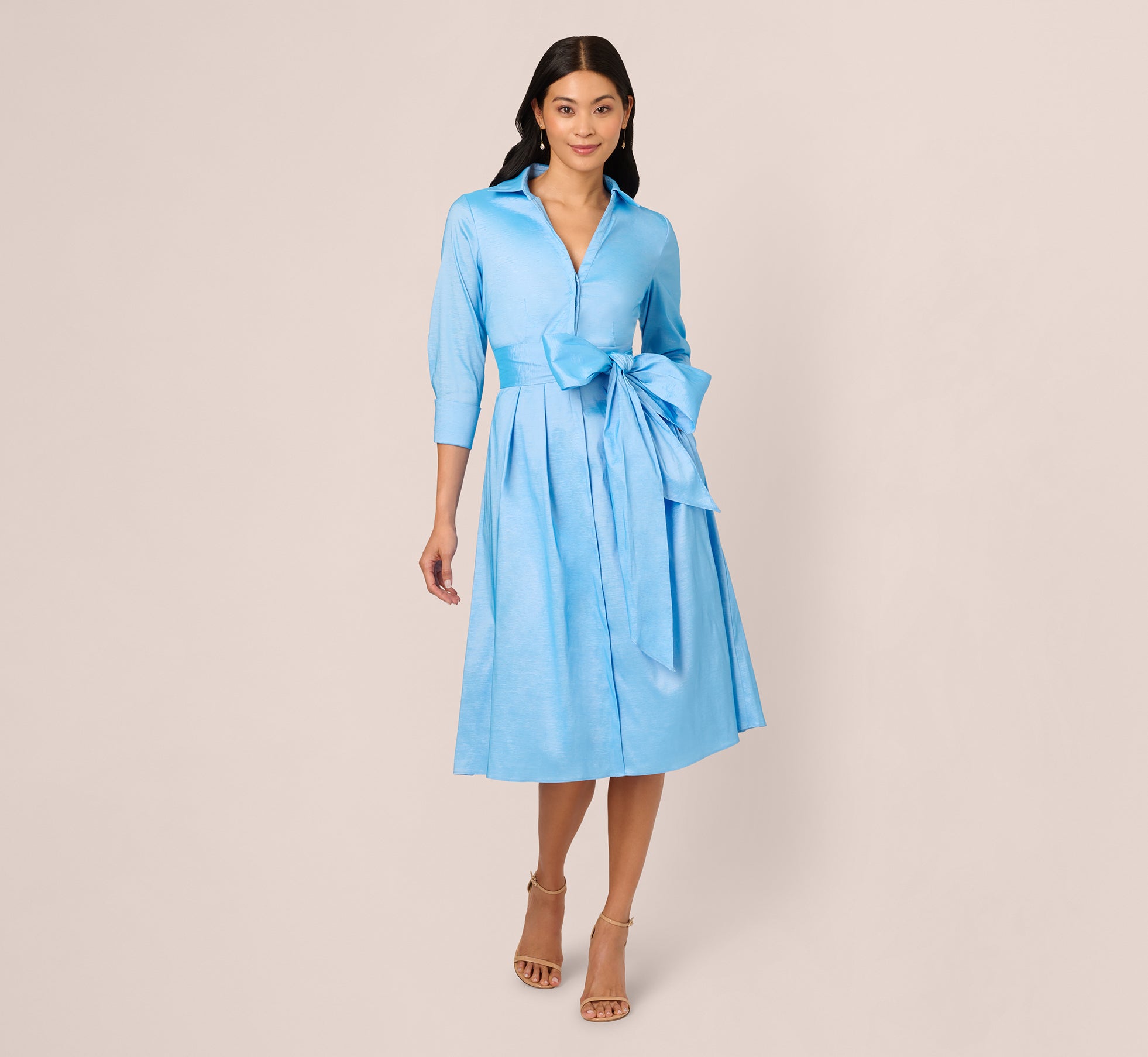 Bluebell Three Quarter Sleeve Taffeta Midi Shirt Dress for Women | Elegant Office Wear & Spring Casual Outfit