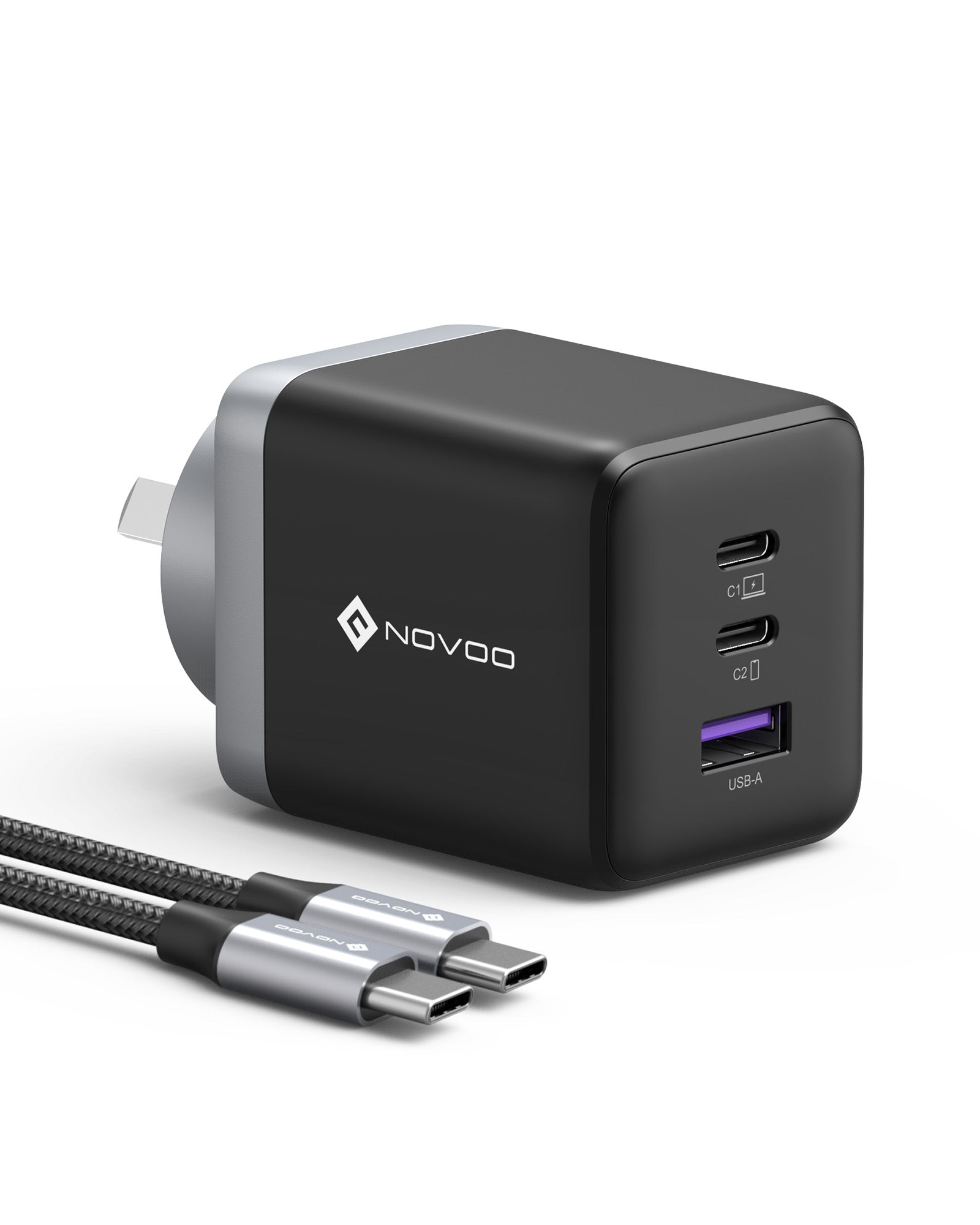 NOVOO 100W 3-Port Fast GaN Charger - Compact & Powerful USB-C Wall Charger for MacBook Pro, iPhone 15, iPad, Samsung Galaxy - Perfect for Travel, Office & Home Use