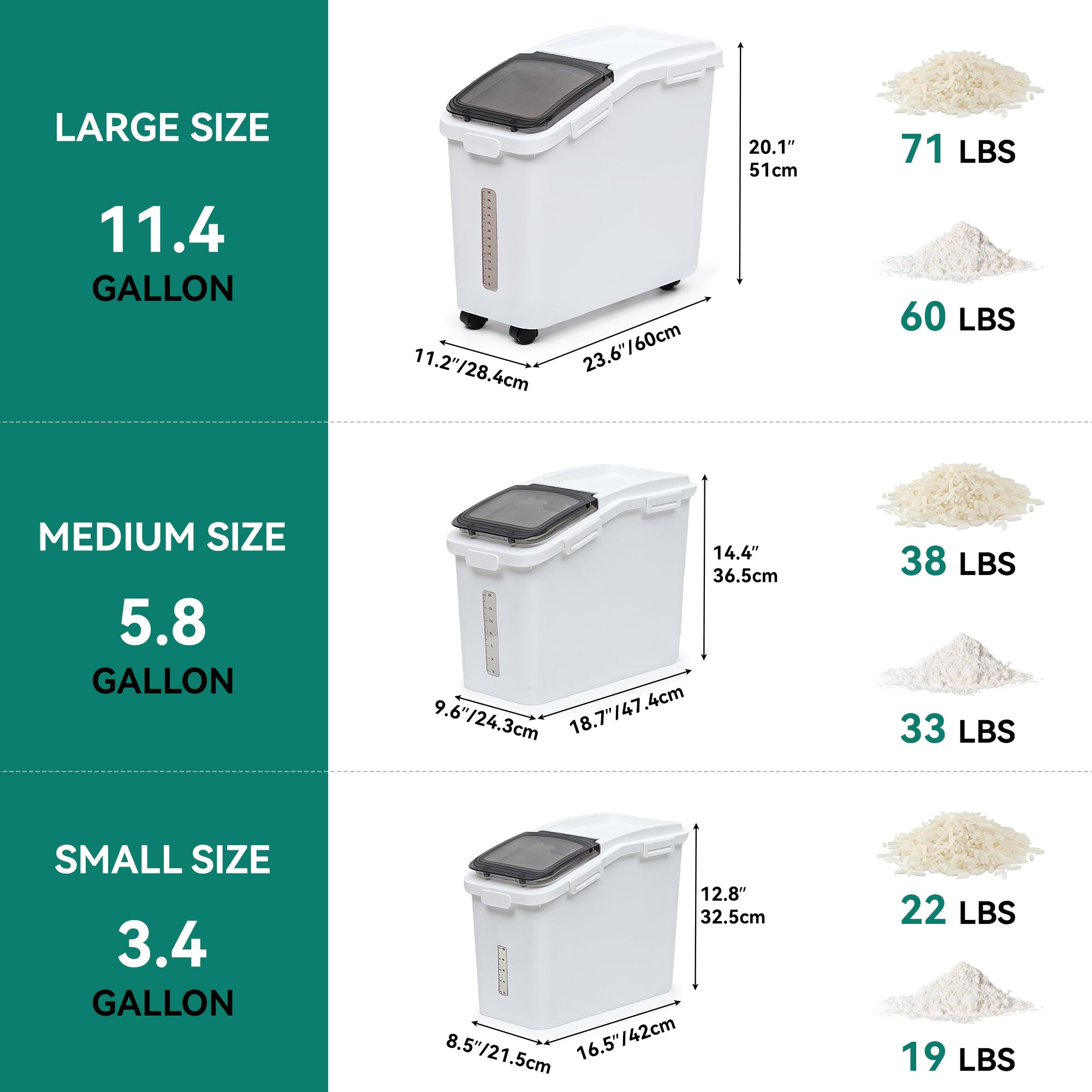 YITAHOME 20.6 Gallon Commercial Rice Flour Storage Container with Wheels - 3-Piece Set (11.4+5.8+3.4 Gal) - 500 Cups Capacity - Includes Scoop & Lid - White Kitchen Storage Bins for Flour, Rice, Sugar & Dry Food - Perfect for Pantry, Restaurant & Bulk Ingredient Organization