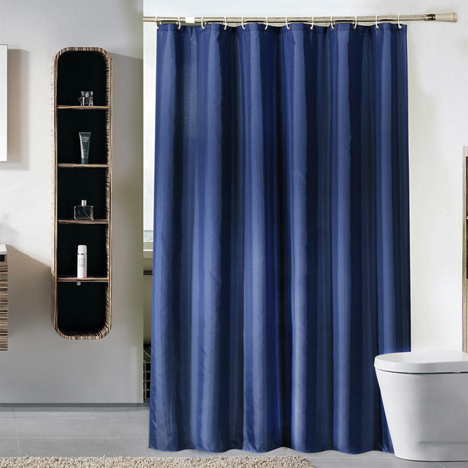 Blue Waterproof Polyester Solid Color Bath Curtain with Hooks - 71x78 Inch (WxH) - Elegant Bathroom Accessory for Home Decor & Shower Privacy Protection