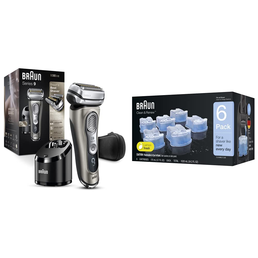 Braun Series 9 9385cc Men's Electric Shaver - Waterproof Foil Razor for Wet & Dry Shaving with Pop-Up Beard Trimmer | Includes Clean & Renew Refill Cartridges (6 Count) | Perfect for Travel, Home Grooming & Daily Shaving Routine