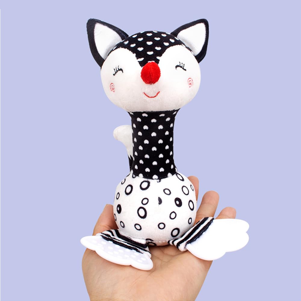 **Soft Plush Fox Rattle Toy for Babies 0-12 Months - Black & White Newborn Developmental Toy with Teether, Sound & Easy Grip - Perfect for Tummy Time, Sensory Play & Early Learning**