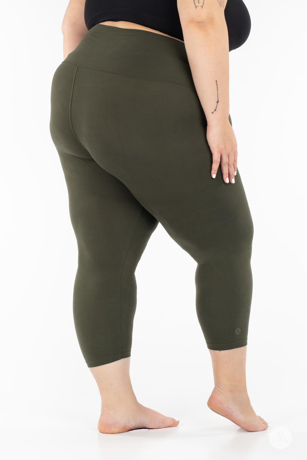 High Waisted Olive Green Wide Band Workout Crops - Perfect for Yoga, Running & Gym