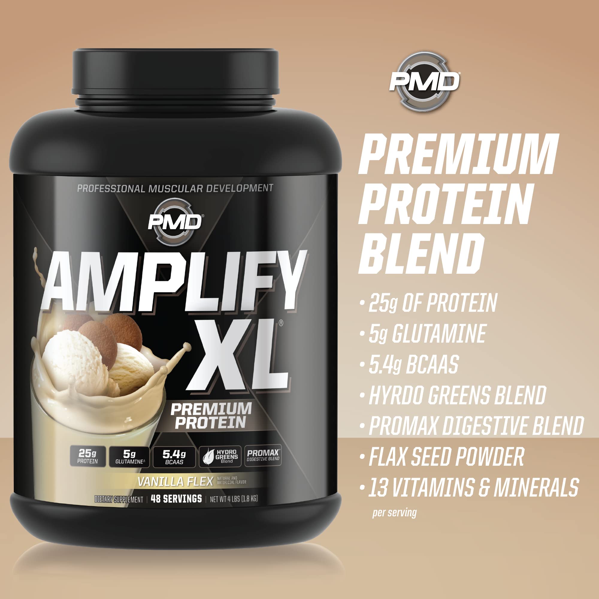 PMD Sports Amplify XL Premium Whey Protein Powder with Hydro Greens Blend - Glutamine & Superfood Matrix for Muscle Growth, Strength & Recovery - Vanilla Flex Flavor (48 Servings) - Ideal for Post-Workout, Meal Replacement & Fitness Enthusiasts