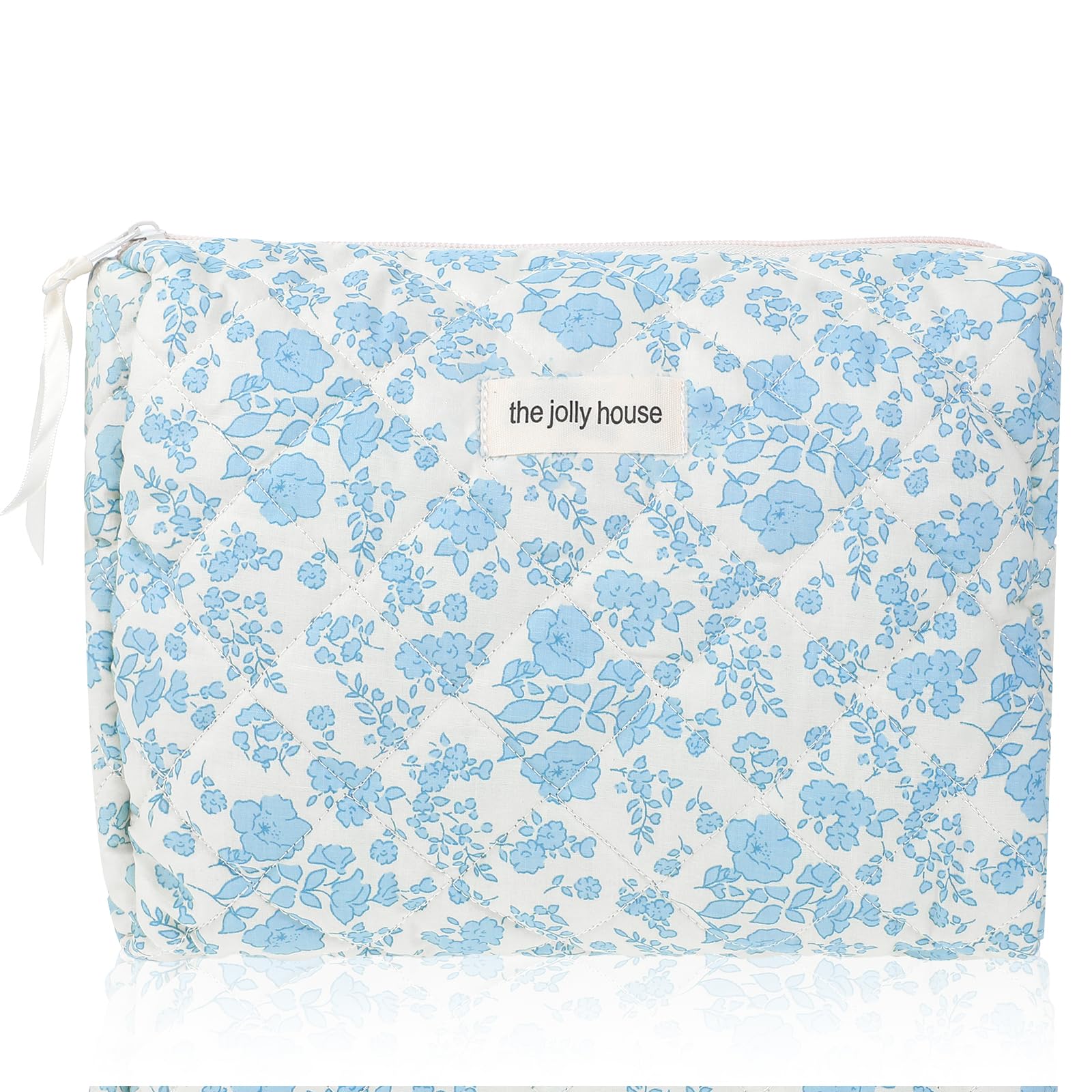 Blue Floral Makeup Bag - Large Cotton Quilted Cosmetic Pouch for Women & Girls | Travel Organizer, Toiletry Bag for Makeup Brushes & Essentials | Perfect for Vacation, Gym, and Daily Use