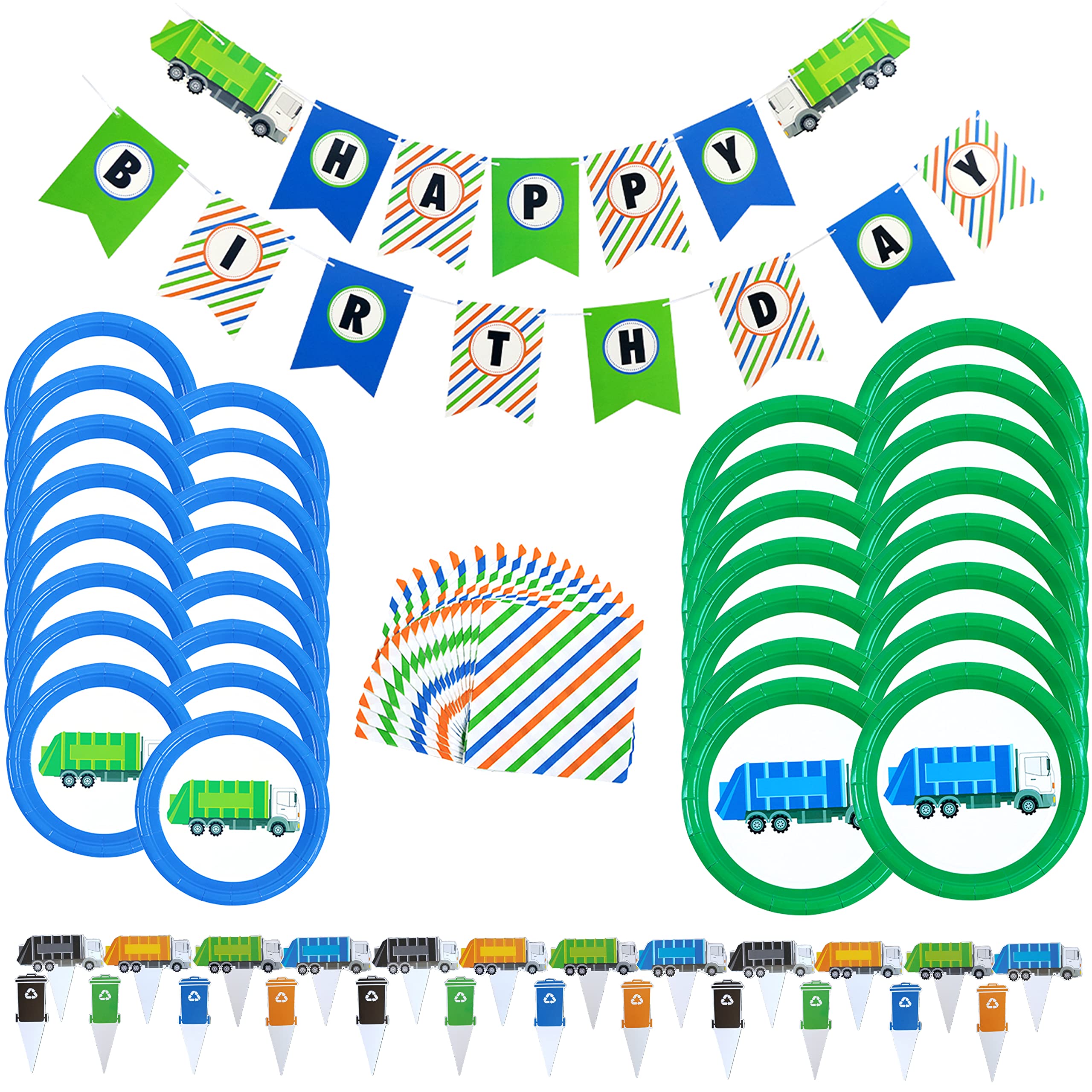 Garbage Truck Party Supplies Set - Trash Truck Birthday Decorations with Plates, Cupcake Toppers, Banner & Napkins | Perfect for Kids' Themed Parties & Recycling Education Events
