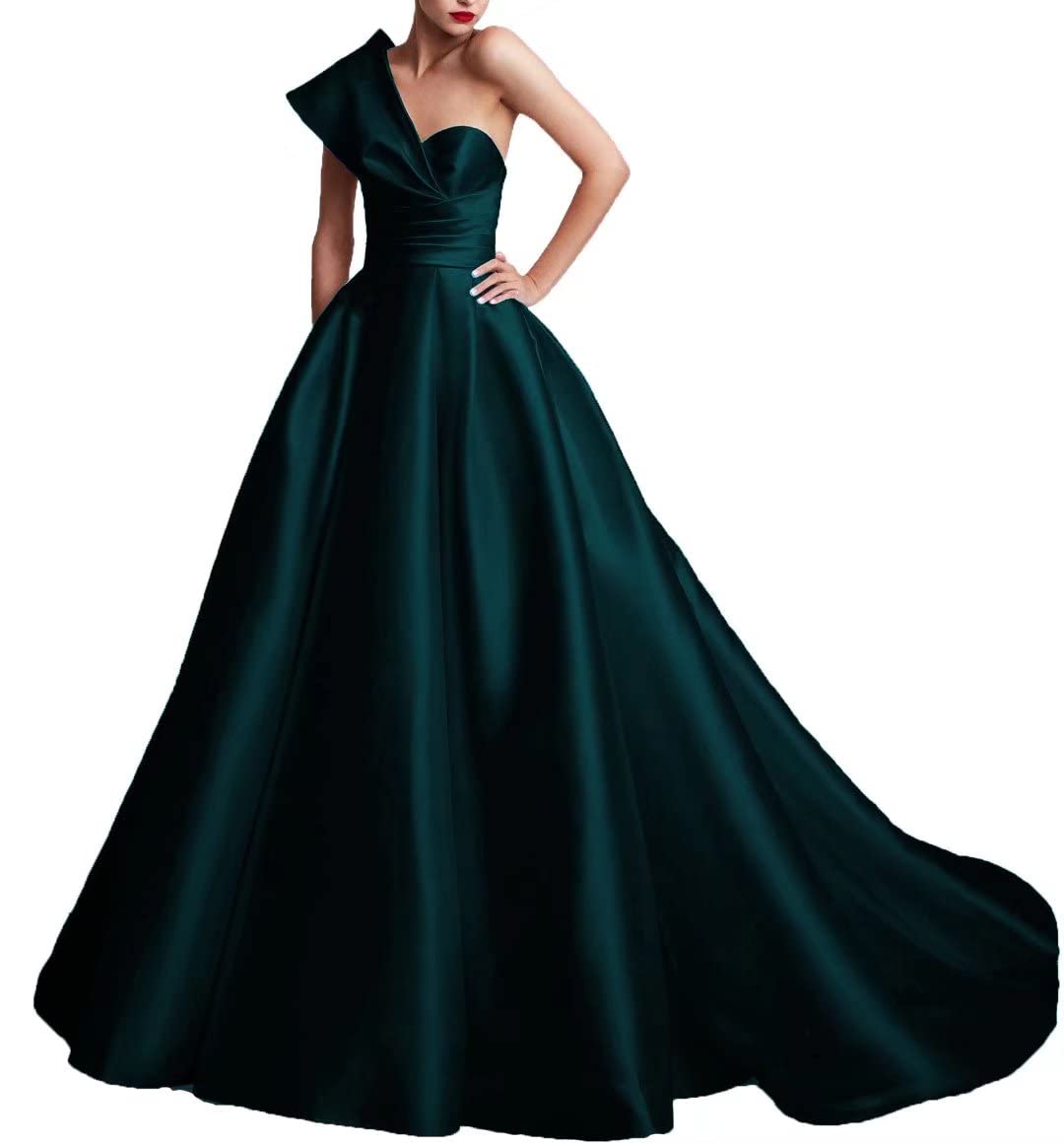 Elegant One Shoulder Ball Gown Prom Dress for Women - Satin Formal Evening Dress with Train - Perfect for Homecoming, Prom Night & Black Tie Events