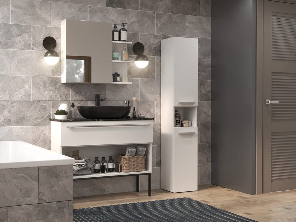 ADGO High Bathroom Cabinet NEL III - Space-Saving Bathroom Storage Organizer with Laundry Basket & Column Bookcase - Modern Bathroom Furniture for Small Spaces - Perfect for Toiletries, Towels & Home Organization
