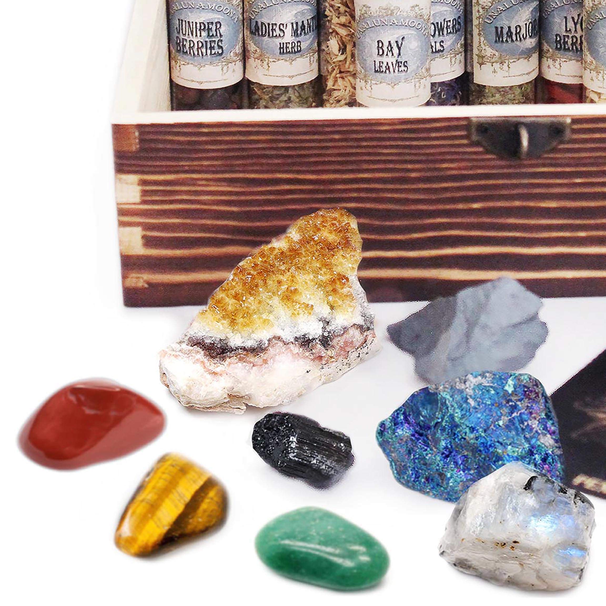 UnaLunaMoona Witchcraft Kit - Large Herbs & Crystals Set for Wicca Rituals | Includes 20 Herbs & 8 Crystals | Witch Altar Supplies for Beginners & Adults | Perfect for Spells, Meditation & Moon Ceremonies