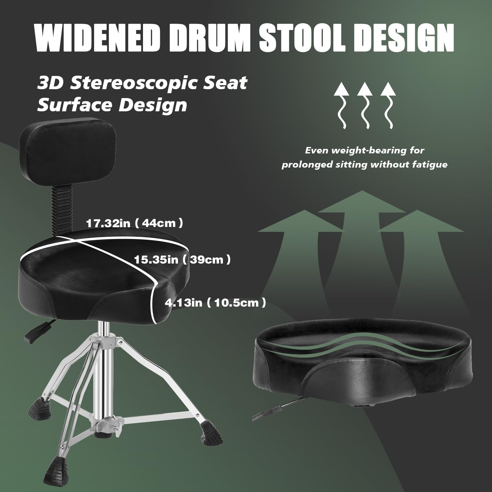 Heavy Duty Drum Throne with Backrest - Rotatable Airlift Drum Stool Seat, Square Style Drum Chair for Adult Drummers (Black) | Perfect for Drum Practice, Live Performances & Studio Recording Sessions