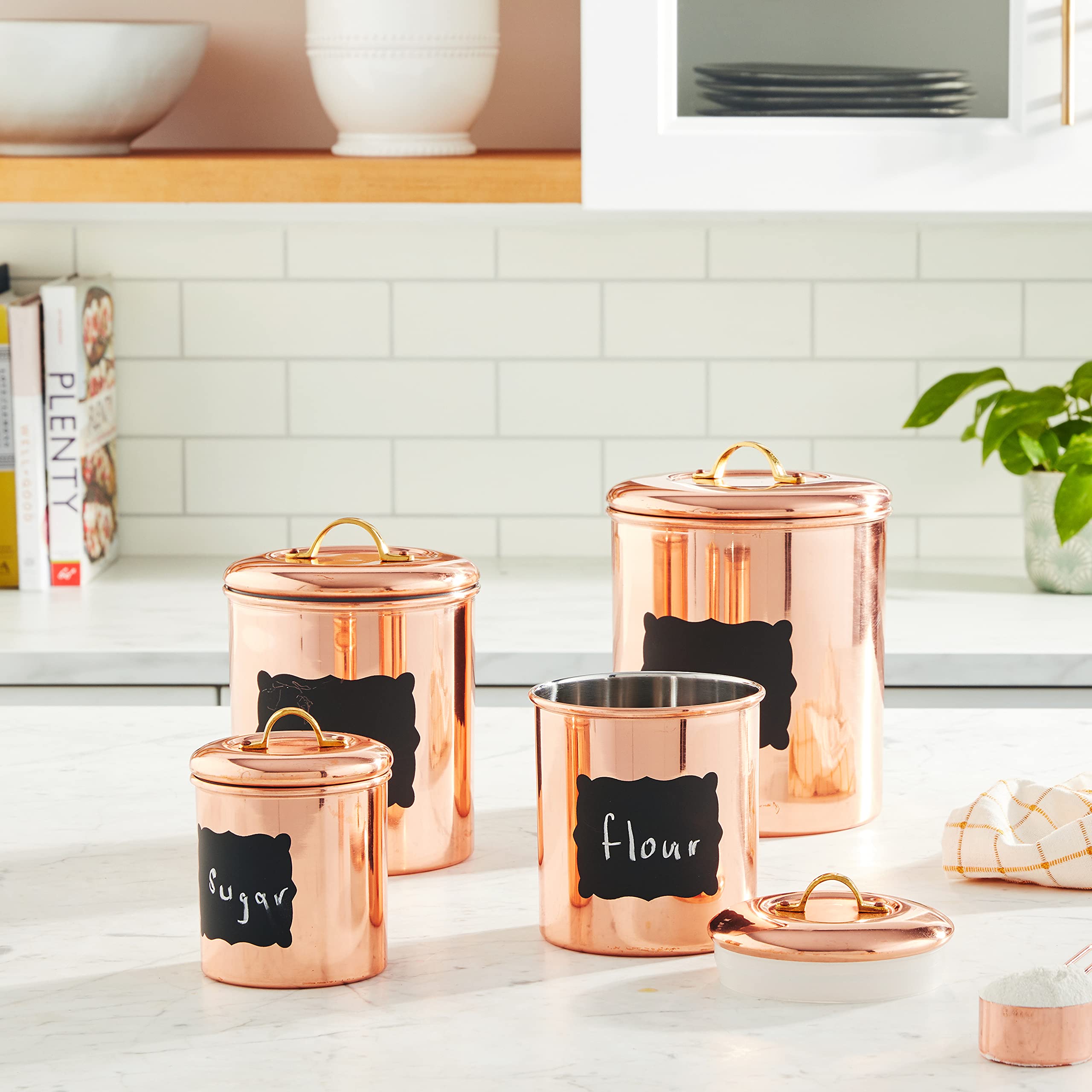 Old Dutch 4-Piece Chalkboard Canister Set - 4 Quart Copper Kitchen Storage Containers for Flour, Sugar, Coffee & Tea - Perfect for Pantry Organization & Farmhouse Decor