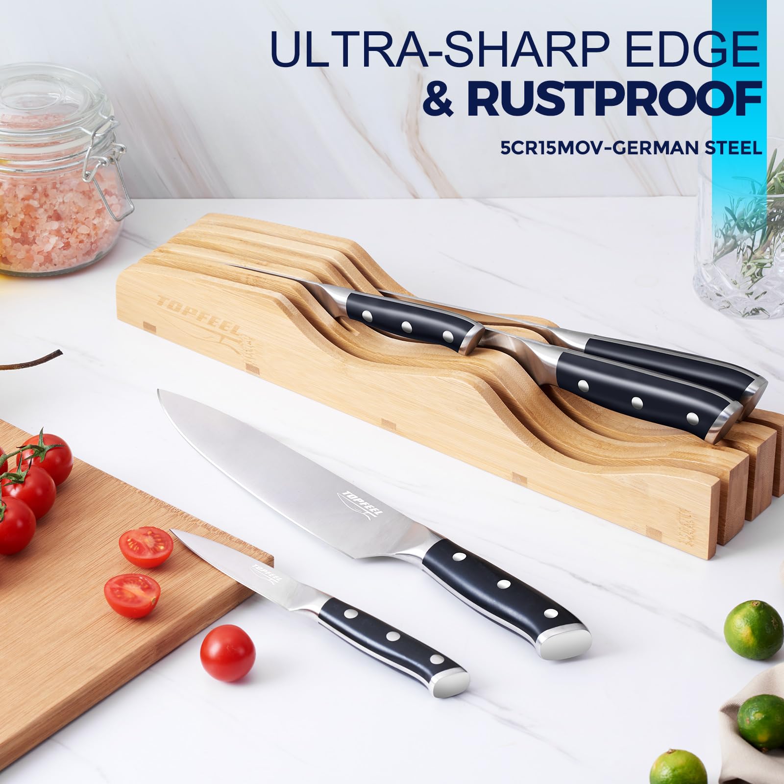 6Pcs Premium German High Carbon Stainless Steel Kitchen Knife Set - 3.5 to 8 Inch Sharp Chef Knives with Ergonomic Handle & Bamboo In-Drawer Organizer - Perfect for Home Cooking, Meat Cutting, Vegetable Chopping and Professional Kitchen Use