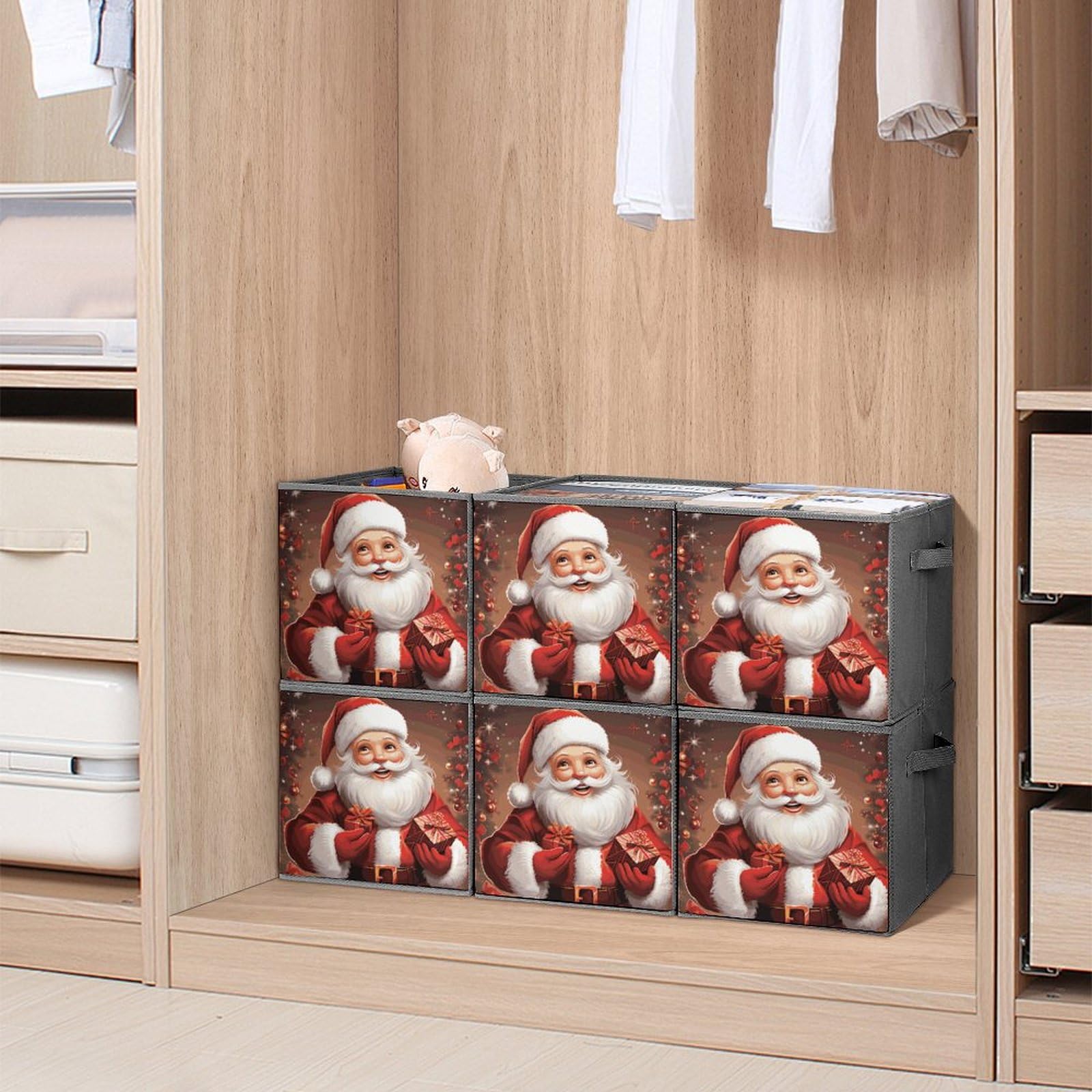 6-Piece Collapsible Christmas Storage Bins with Handles - Santa Claus Printed Foldable Storage Boxes for Holiday Organizing, Home Decor & Gift Giving - Perfect for Shelves, Closets & Party Supplies