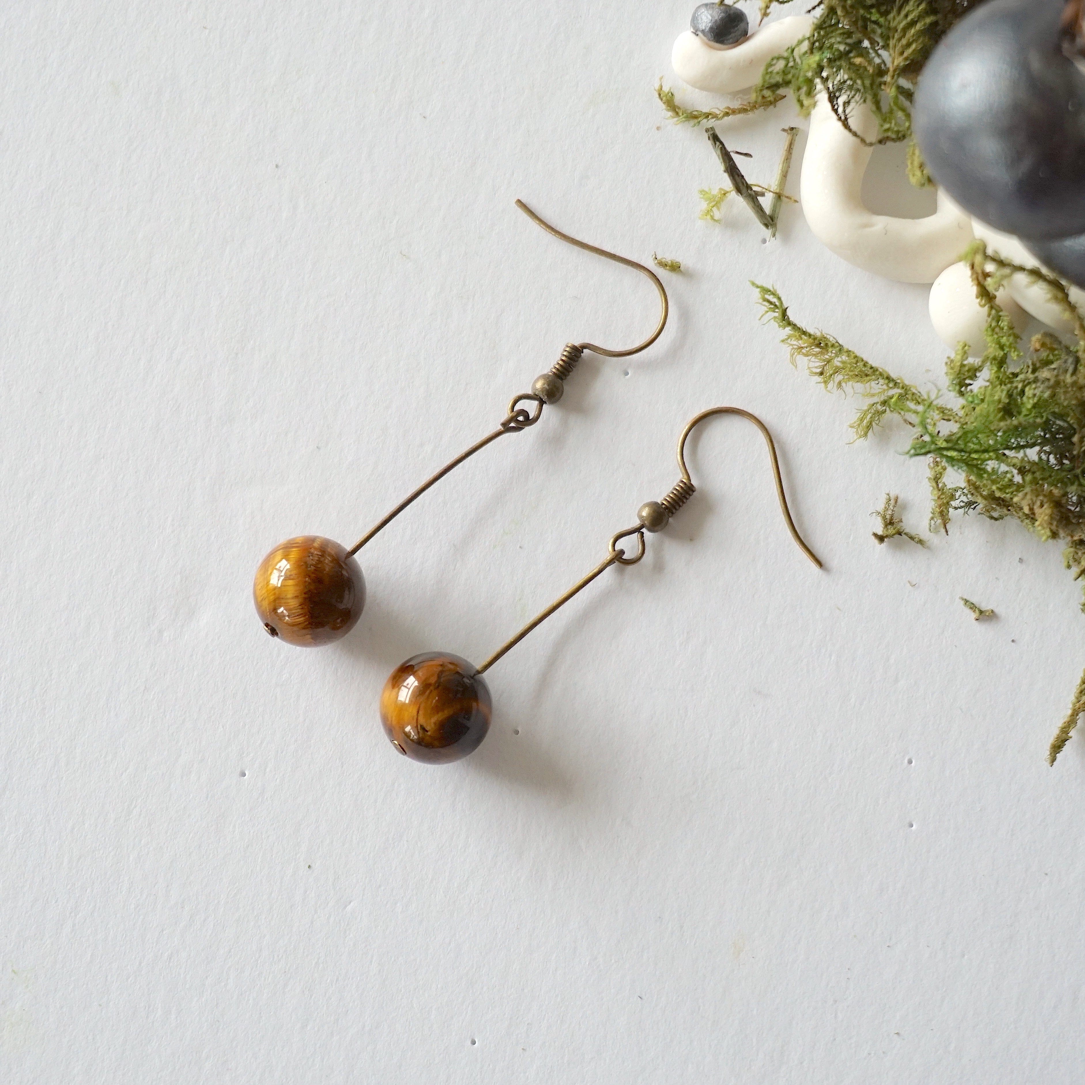 Tiger's Eye Bead Drop Earrings in Antique Bronze - Elegant Dangle Jewelry for Women | Perfect for Office, Party & Special Occasions