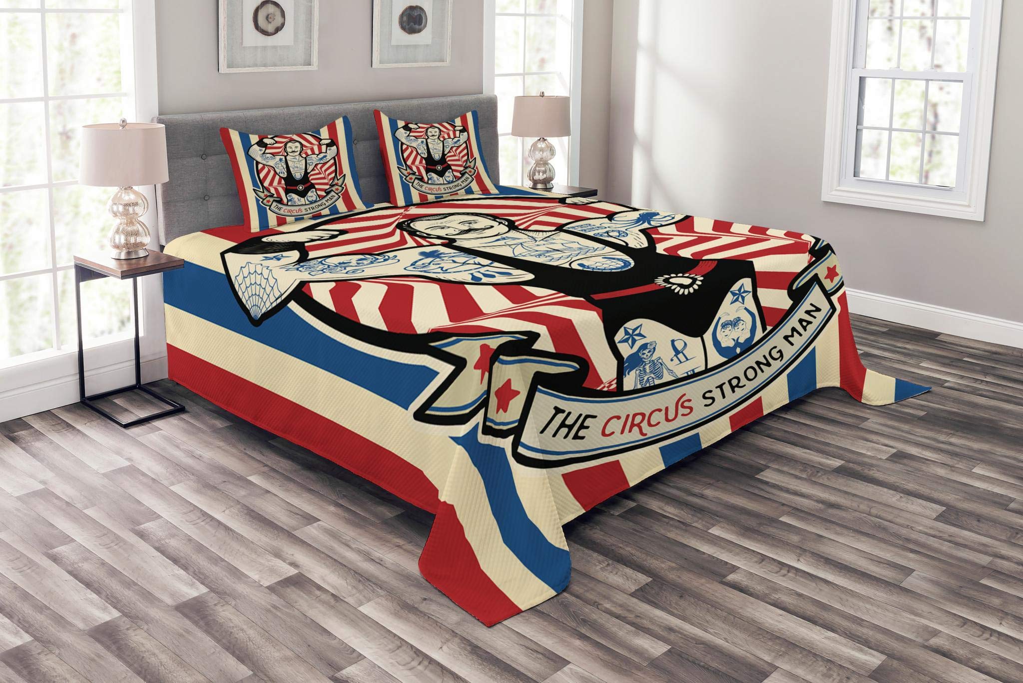 Ambesonne Circus Bedspread Set - Nostalgic Strong Man Tattoo & Muscle Star Art Print 3-Piece Bedding Set with Coverlet & 2 Pillow Shams, King Size in Beige Red Blue - Perfect for Vintage Circus Themed Bedrooms, Guest Rooms & Themed Decor