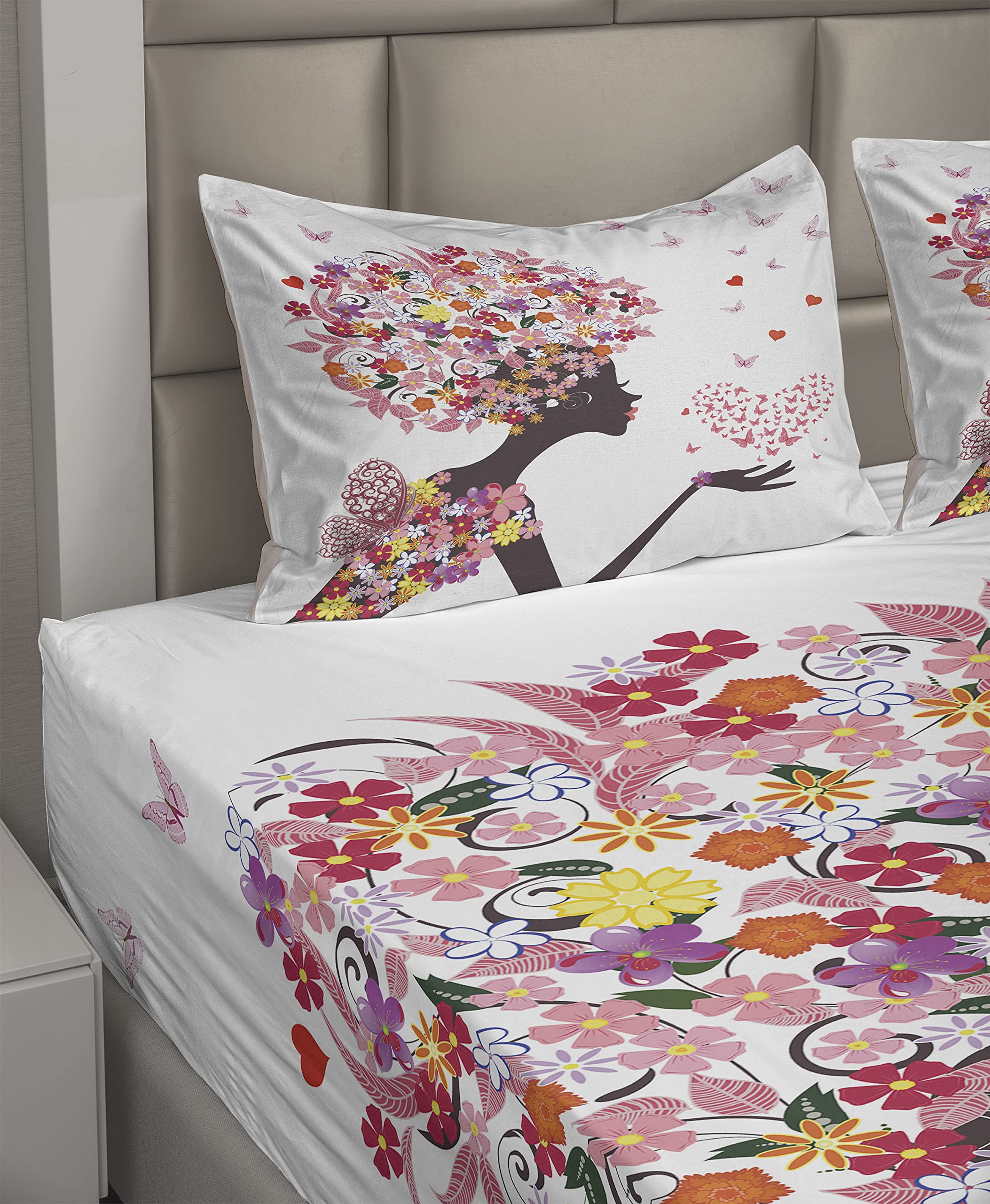Ambesonne 4-Piece King Size Butterfly Print Sheet Set - Floral Fantasy Animal Design with Fitted Sheet, Flat Sheet & Pillowcases - Soft Bedding for Girls Room, Summer Decor & Boho Chic Bedroom Aesthetic