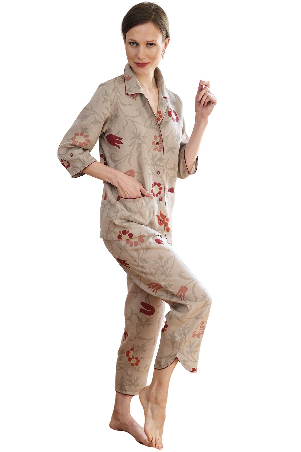 Luxury Women's Pajama Sets - Soft Notch Collar Capri Pants with Piping, 2-Piece Lounge Wear Set | European Crafted Comfort for Sleep, Relaxation & Home Wear