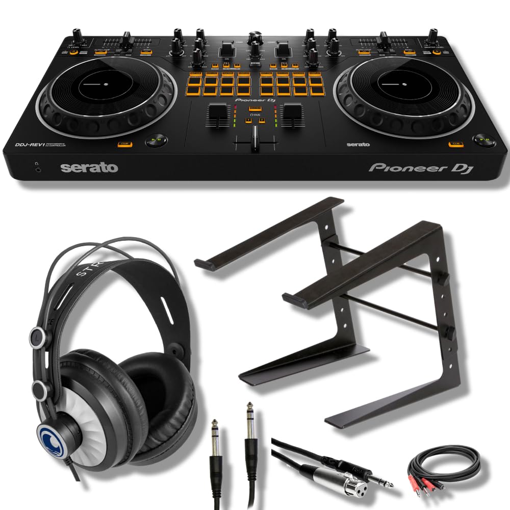 Pioneer DDJ-REV1 Professional DJ Controller Bundle with Adjustable Laptop Stand, Monitoring Headphones, Essential Cables & Polishing Cloth - Perfect for Live Performances, Home Studios & DJ Beginners