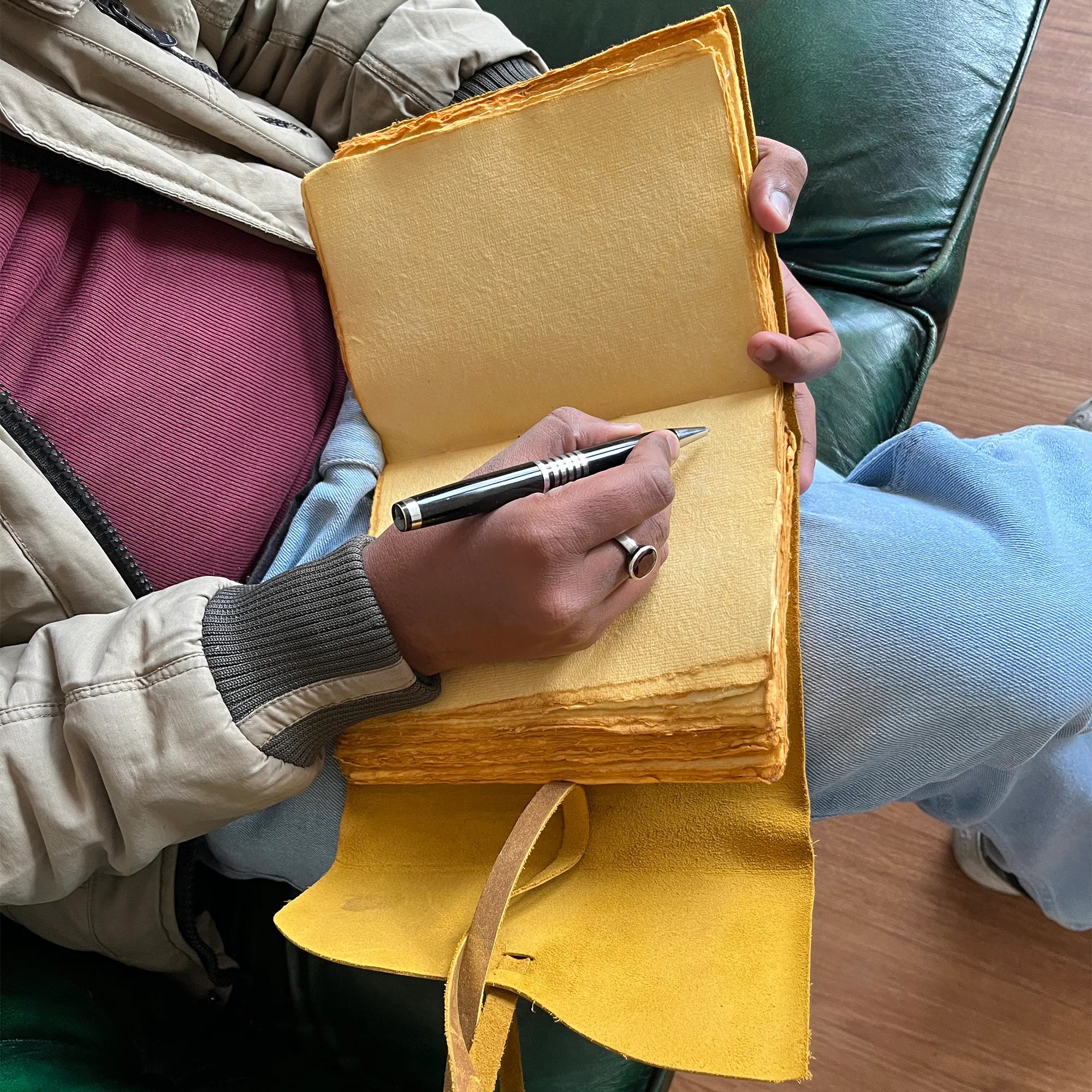 Handmade A5 Leather Bound Journal with Antique Deckle Edge Paper - Rustic Yellow Vintage Notebook for Writing, Sketching & Gift Giving