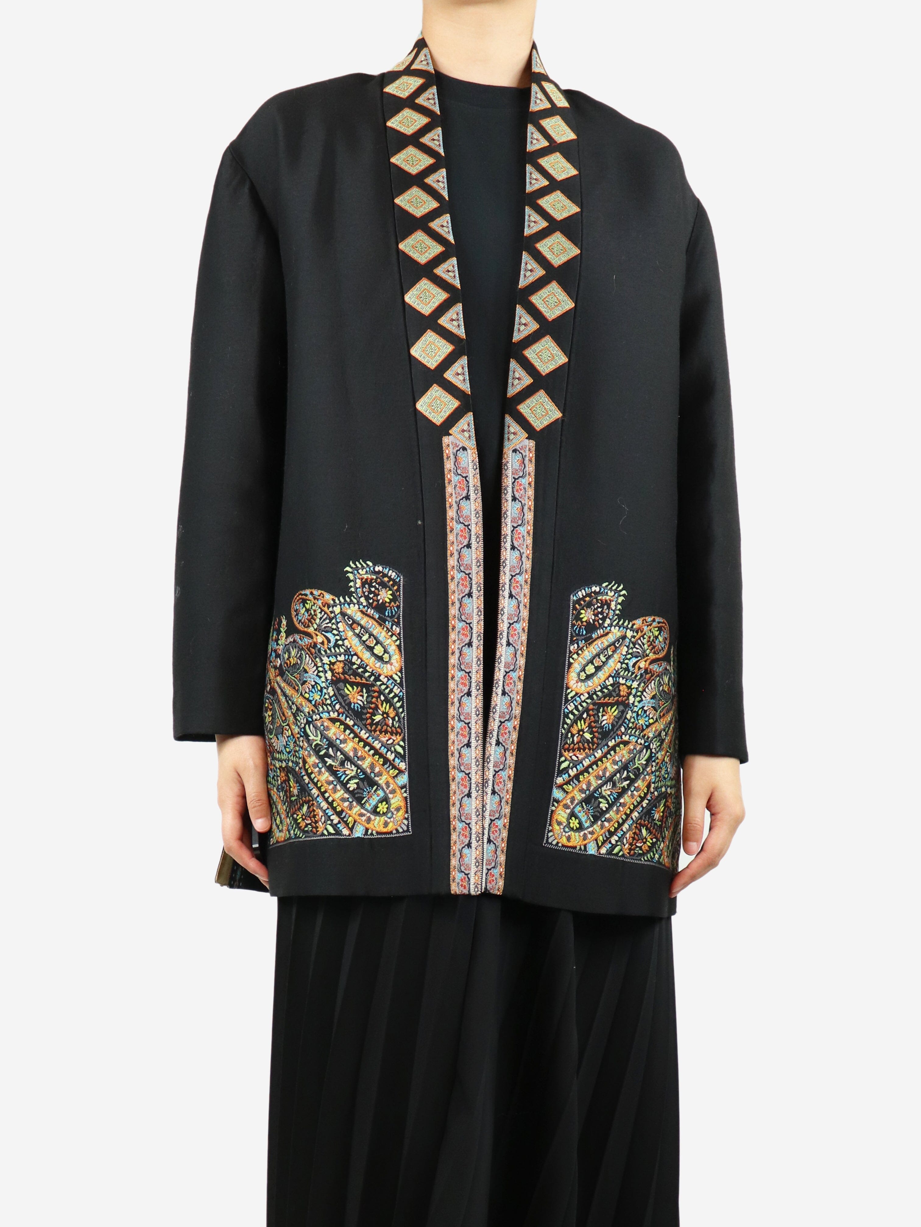Stylish Black Embroidered Wool Blend Jacket - Size UK 8 (US 6) | Warm Winter Coat for Women, Perfect for Casual Outings & Office Wear