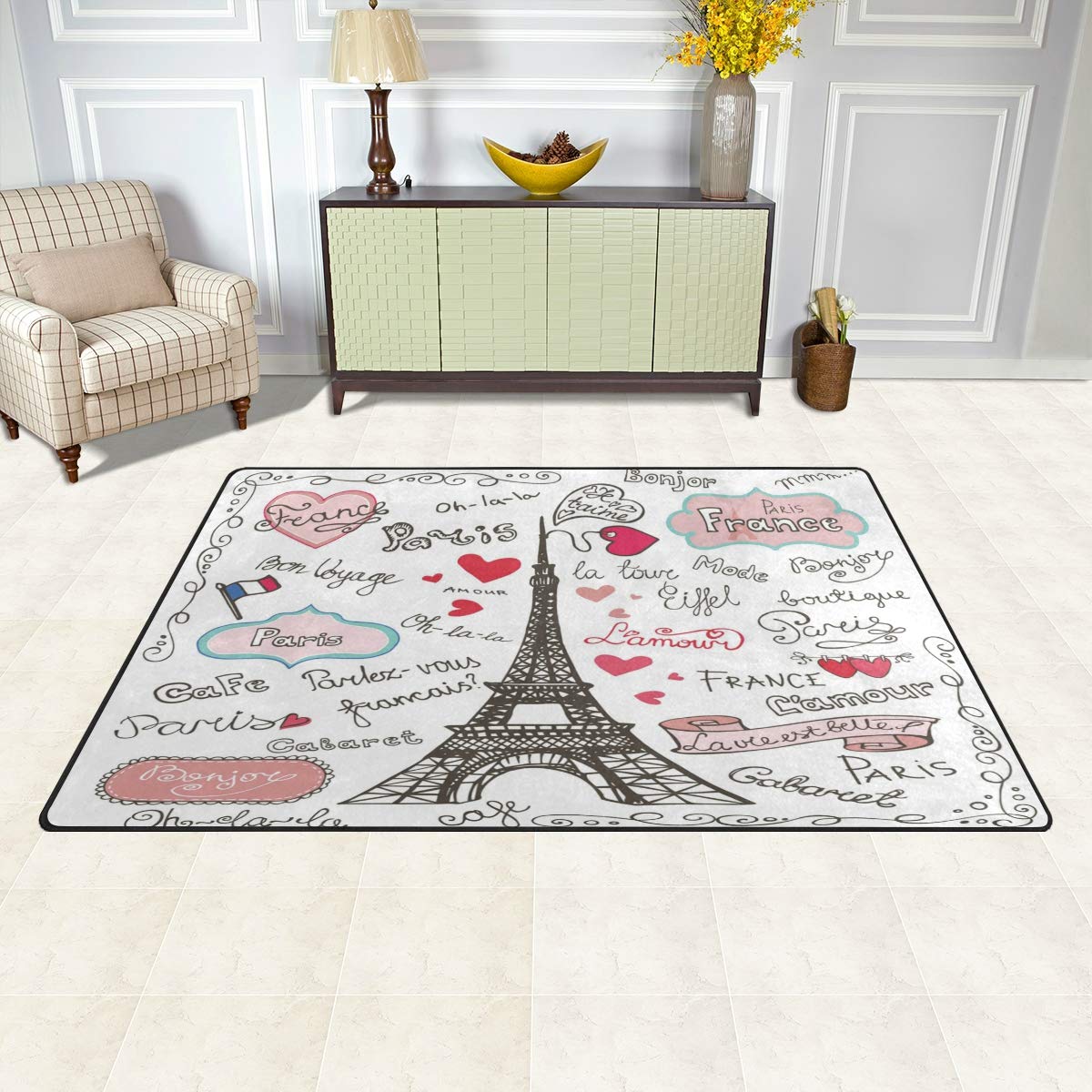 ALAZA Paris Eiffel Tower Heart Area Rug - Non-Slip Floor Mat for Living Room, Dining Room, Bedroom & Dorm - 31x20 Inches Home Decor - Perfect for Entryway, Office & Gift Giving