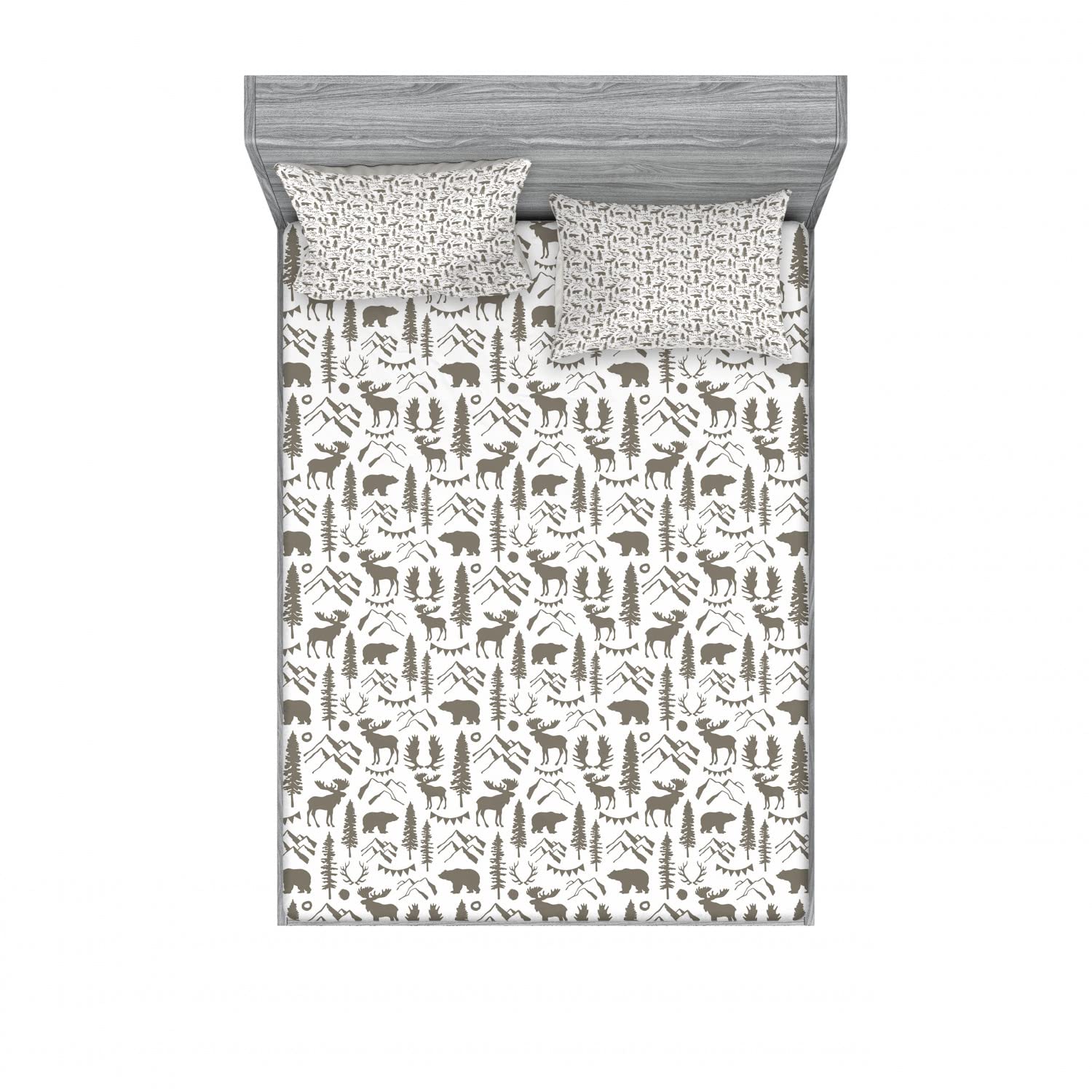 Ambesonne 2-Piece King Size Fitted Sheet Set with 4 Pillow Shams - Wild Nature Themed Taupe & White Bedding Collection | Perfect for Cabin Retreats, Rustic Bedrooms & Outdoor Adventure Lovers