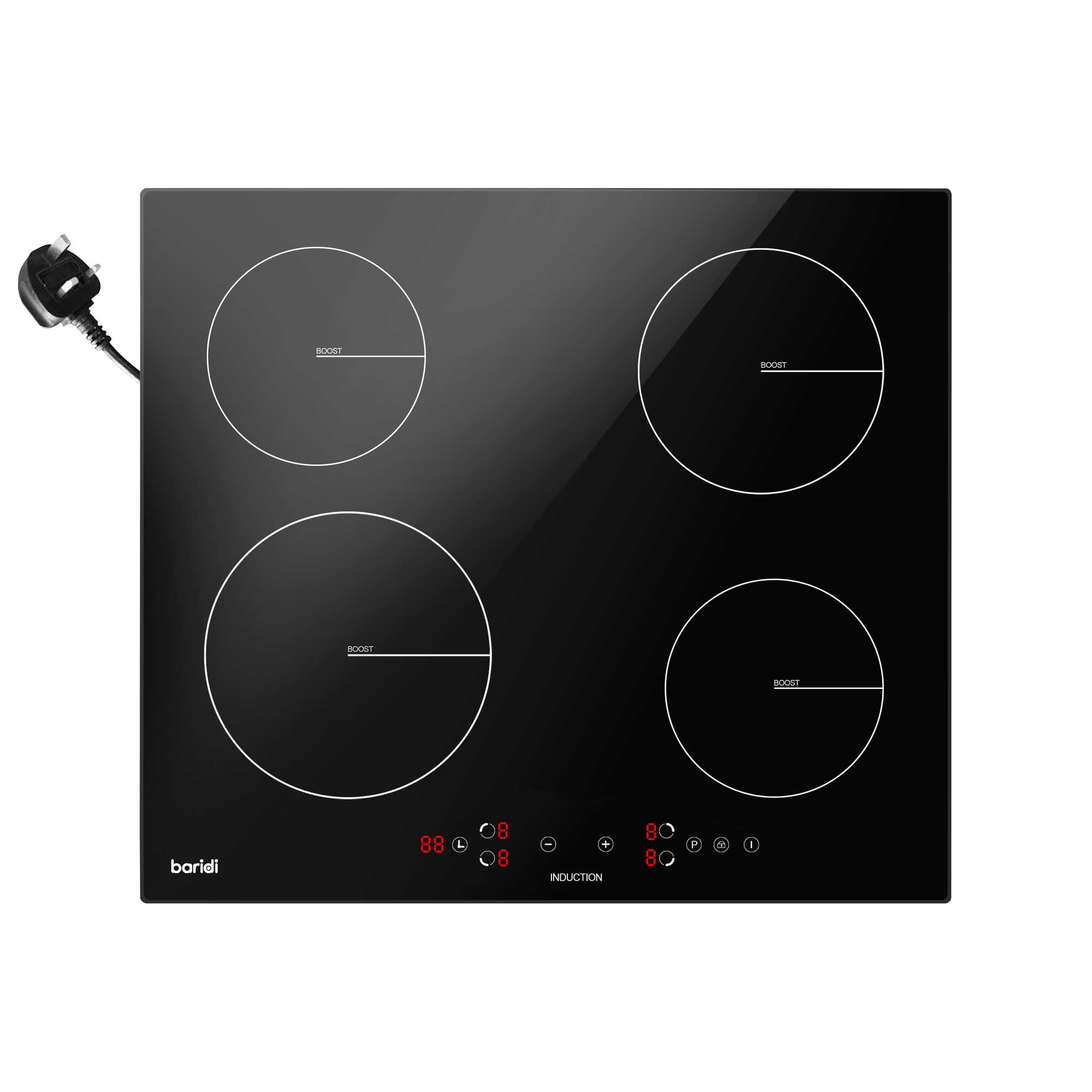 Baridi 60cm 4 Zone Induction Cooktop with Boost Function - 9 Power Settings, Touch Control, 2800W, 13A Plug (Model DH177) - Perfect for Modern Kitchens, Restaurants & Fast Cooking