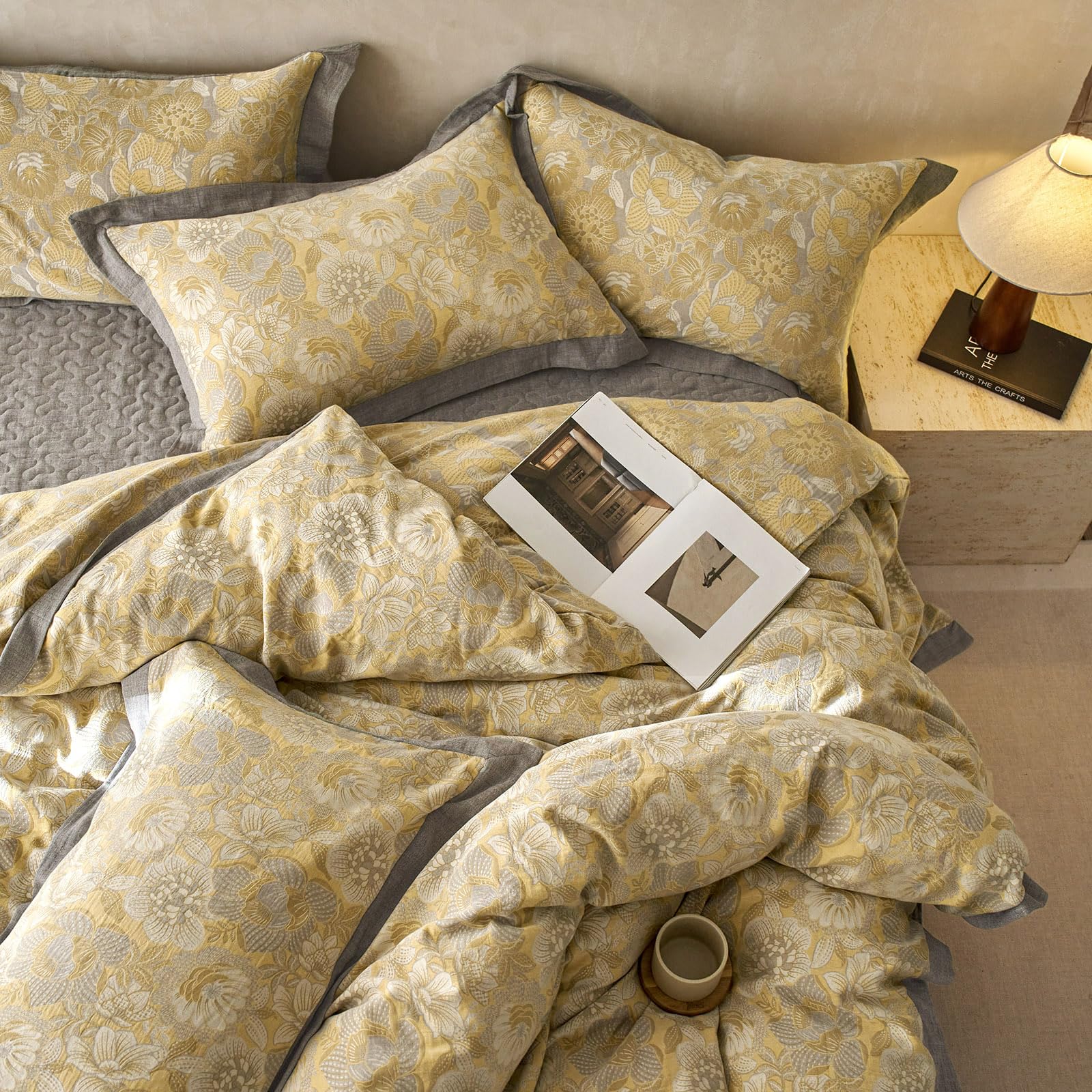 MKXI Golden Floral Twin Duvet Cover Set - 100% Breathable Muslin Gauze, Farmhouse Style Yellow Flower Jacquard Bedding - Soft All-Season Comforter Cover for Cozy Natural Bedroom Decor | Perfect for Guest Rooms, Master Bedrooms & Vacation Homes